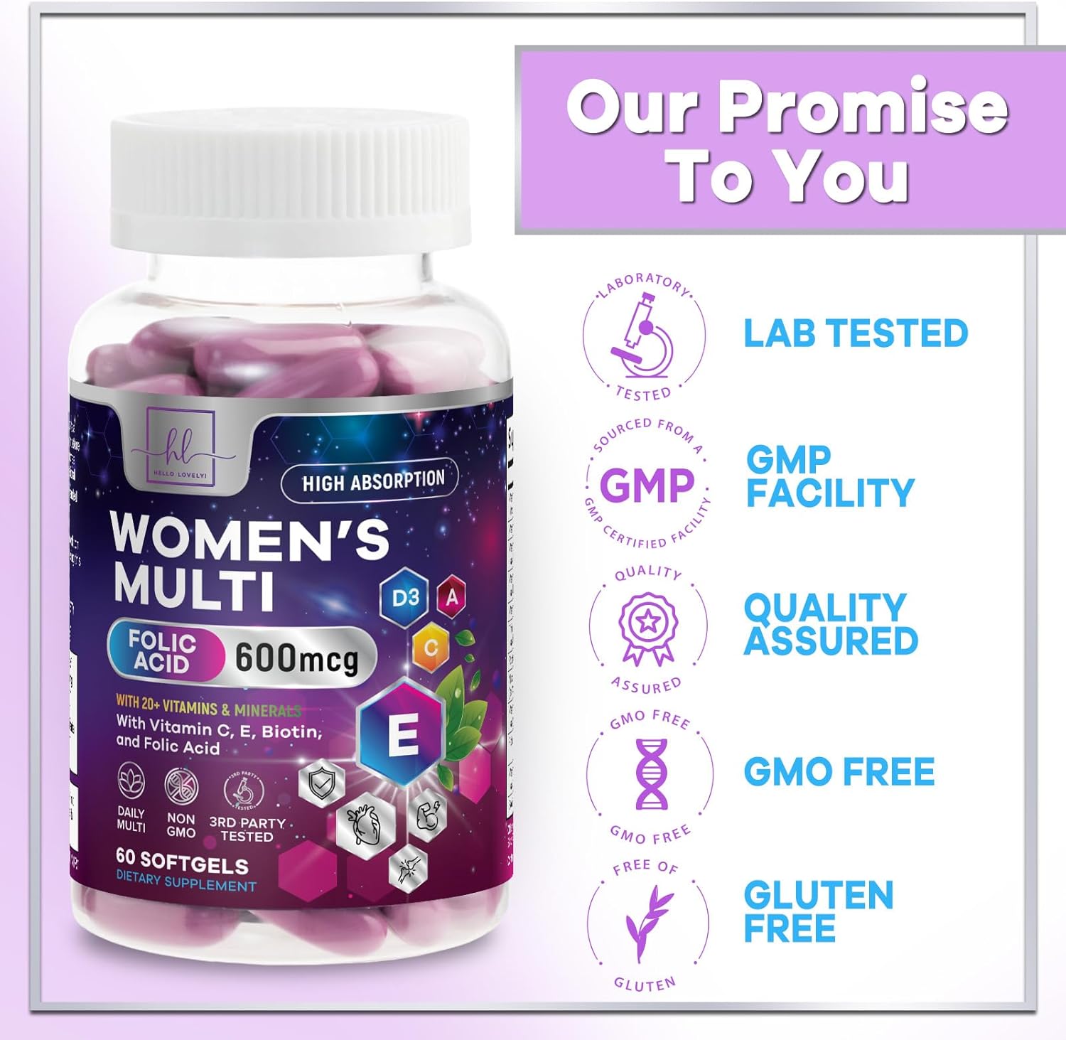 Multivitamin For Women - Complete Daily Woman's Multivitamins with Biotin, Calcium, Folic Acid, Iron, Zinc, Vitamin A, C, D, E & B Vitamins, Women's Hair Skin and Nails Supplements - 60 Softgels - Image 4