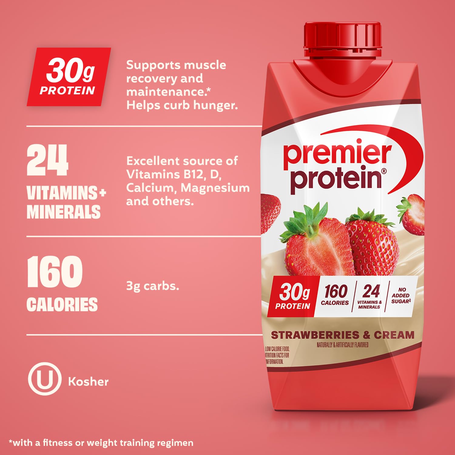 Premier Protein Shake, Strawberries & Cream, 30g Protein, No Added Sugar, 24 Vitamins & Minerals to Support Immune Health, 11 fl oz, 12 Pack - Image 3