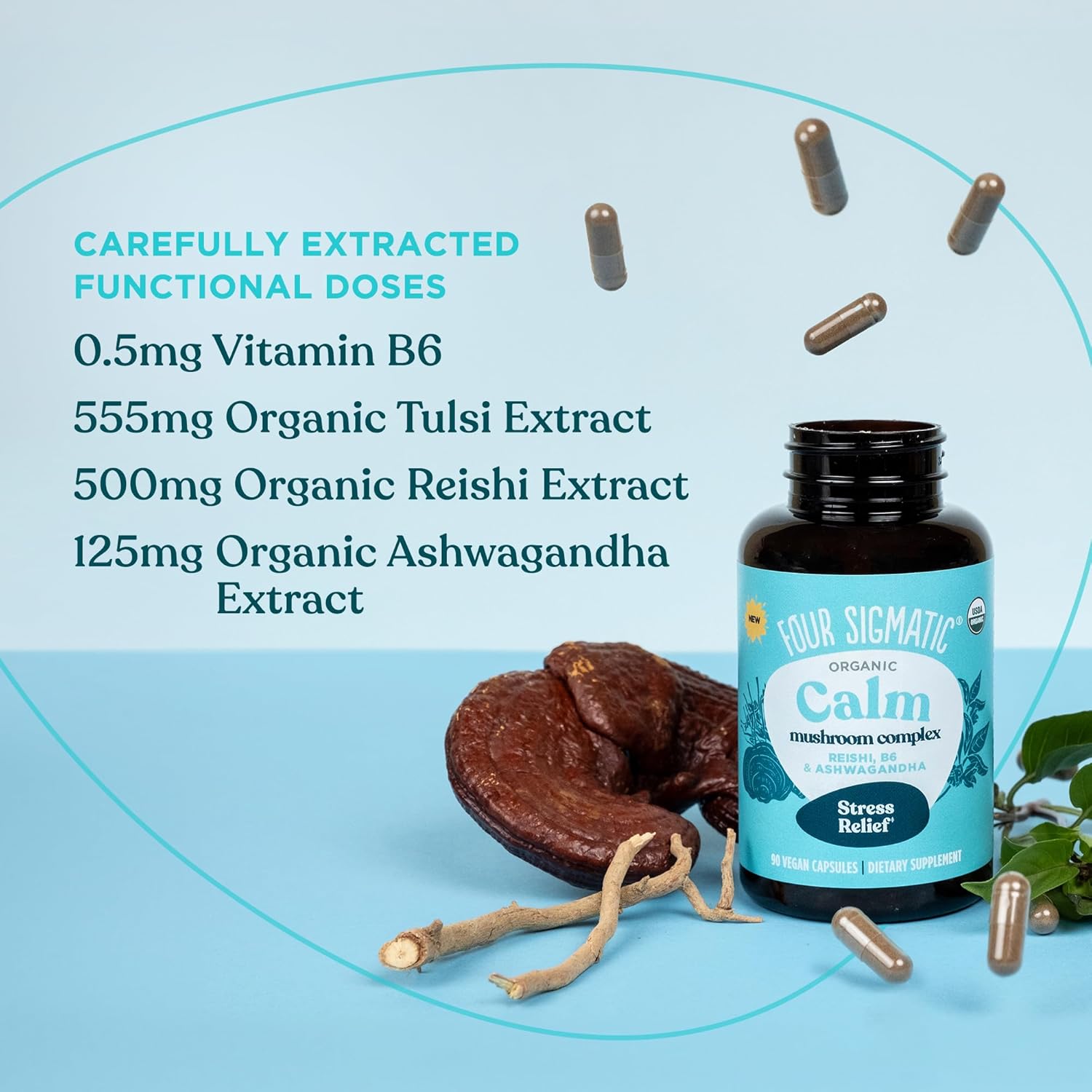 Four Sigmatic Calm Capsules | Vegan Stress Relief Supplement to Promote Positive Mood with Organic Ashwagandha Powder, Organic Reishi Mushroom, Tulsi (Holy Basil Extract), Vitamin B6 | 30 Servings - Image 7