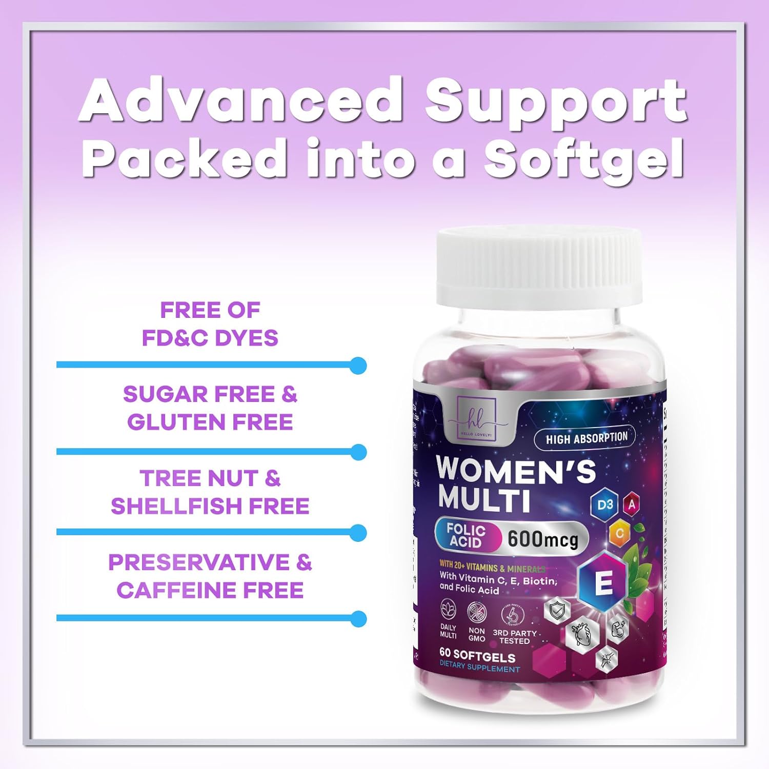 Multivitamin For Women - Complete Daily Woman's Multivitamins with Biotin, Calcium, Folic Acid, Iron, Zinc, Vitamin A, C, D, E & B Vitamins, Women's Hair Skin and Nails Supplements - 60 Softgels - Image 7