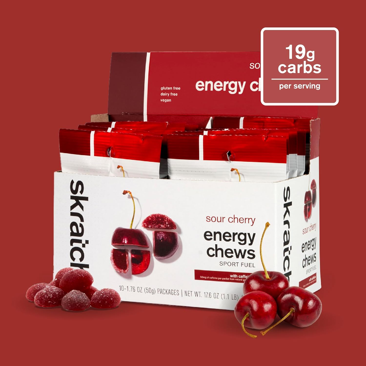 Skratch Labs Energy Chews with 50mg Caffeine | Caffeinated Gummies for Running, Cycling & Endurance Quick Carbs, Easy to Digest | Sour Cherry 10 Pack | Gluten Free, Vegan - Image 2