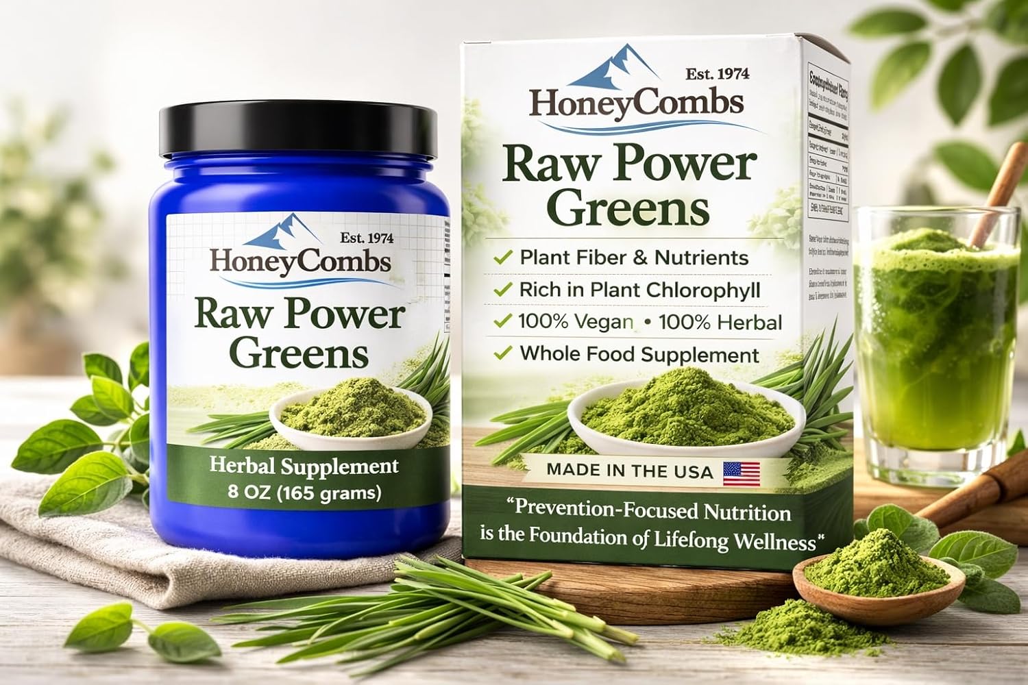 HoneyCombs Organic Super Greens Powder Chlorophyll – Green Barley Green Superfood Supplement with Alfalfa Parsley Wheat Grass Kale – Daily Greens Detox Energy Gut Health Smoothie Mix 8.5oz