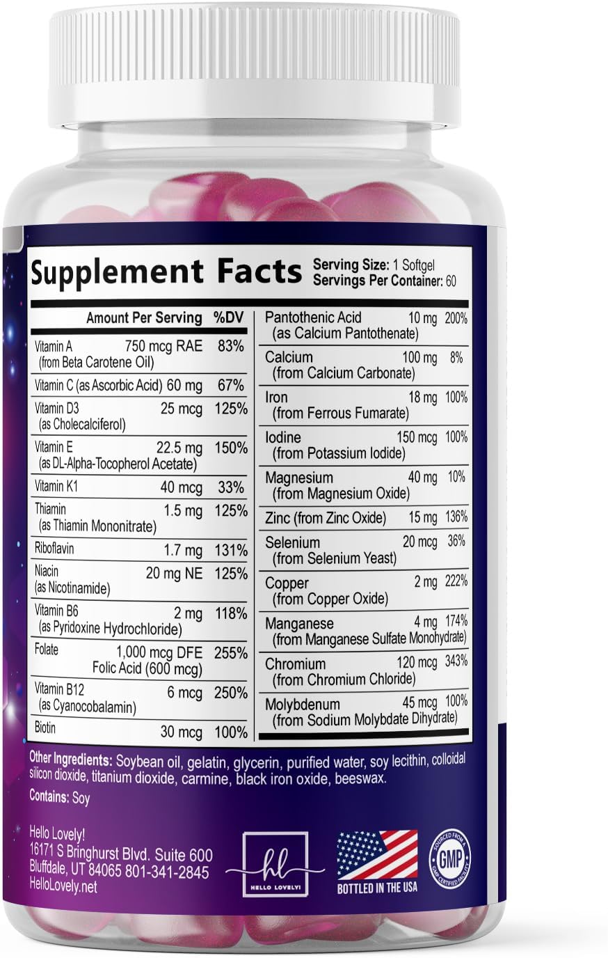 Multivitamin For Women - Complete Daily Woman's Multivitamins with Biotin, Calcium, Folic Acid, Iron, Zinc, Vitamin A, C, D, E & B Vitamins, Women's Hair Skin and Nails Supplements - 60 Softgels - Image 9