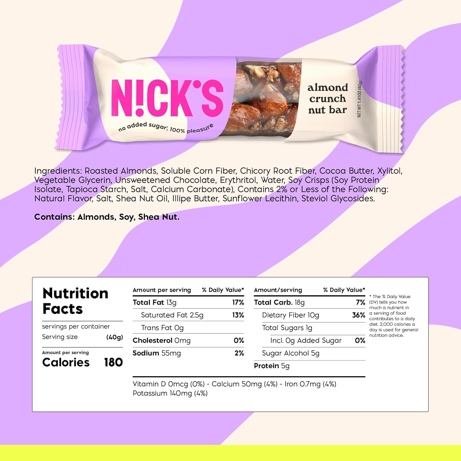N!CK'S Almond Crunch Keto Nut Bar, No Added Sugar, 3g Net Carbs, 5g Protein, 180 Calories, Vegan Chocolate, Keto Candy, Gluten Free, Low Carb Snack, Bulk 30 Pack, (pack of 30) 40.0 grams - Image 2