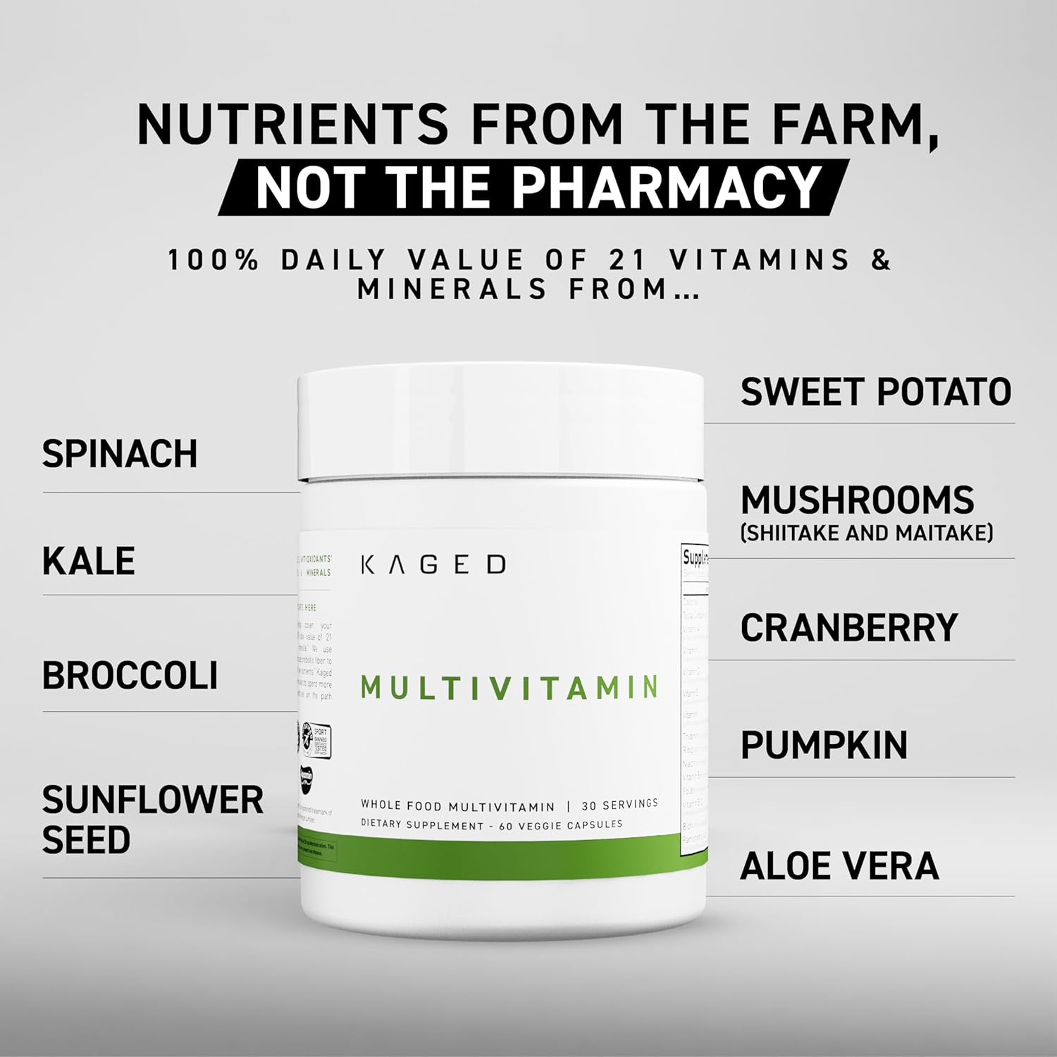Kaged Multivitamin Capsules | Unflavored | Whole Foods Organic Fruits & Veggies | Plant Based Vegan Multivitamin | Vitamin C, D, E, B12 | Supplements for Men & Women | 30 Servings - Image 2