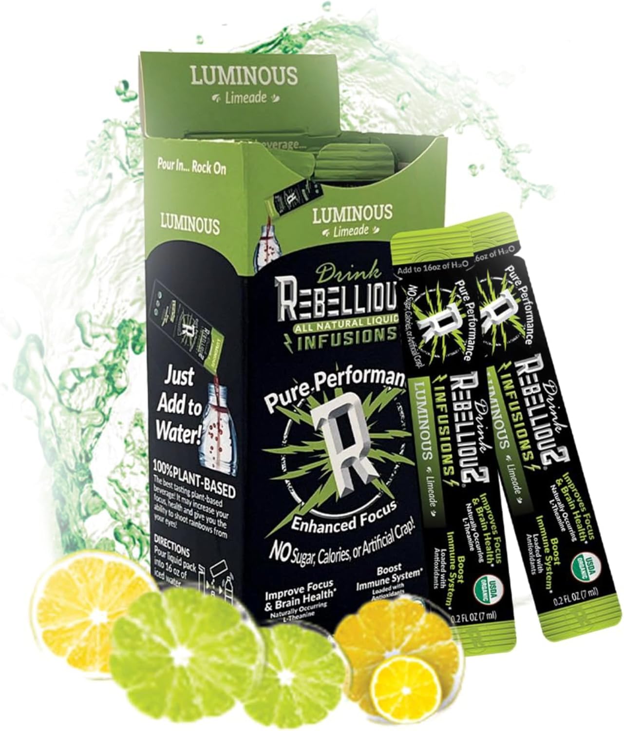 Rebellious Luminous Limeade Organic Drink Mix – Zero Calorie Energy Drink Mix | Monk Fruit & Green Tea Extract | L-Theanine + Natural Caffeine | 100% Plant-Based | Pack of 10 | Keto,Gluten-Free
