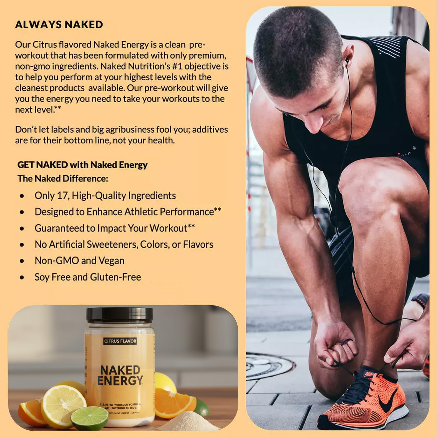 NAKED Citrus Energy - Citrus Flavored Clean Pre Workout Supplement for Men and Women, NSF Certified, Vegan Friendly, No Added Sweeteners, Colors Or Flavors - 30 Servings - Image 4
