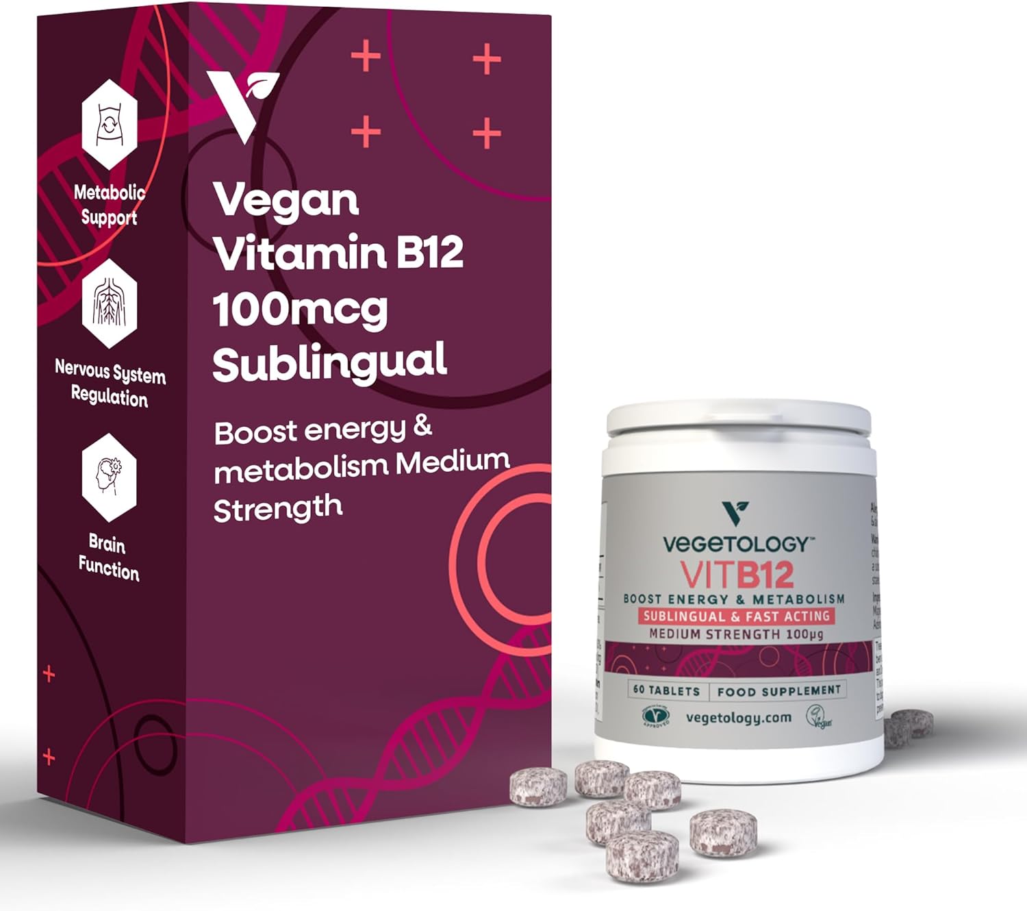 VEGETOLOGY Vegan Vitamin B12 Sublingual Supplement — for Metabolism & Energy, Vitamins & Health Supplements — (60 Tablets)