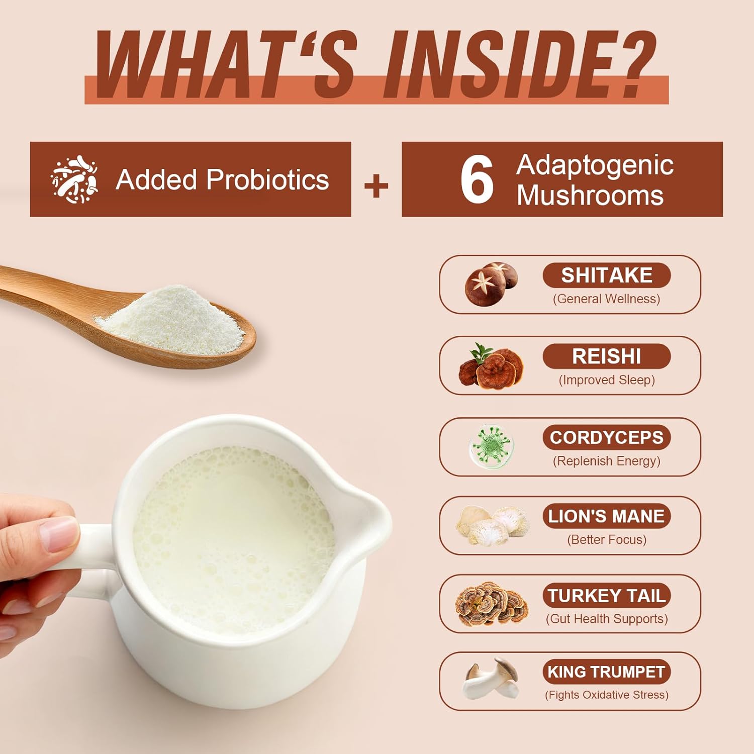 Mushroom Coffee Creamer,Superfood Creamer Powder with 6 Adaptogenic Mushrooms & Probiotics for Energy, Focus, Digestion - 30 Servings - Image 4