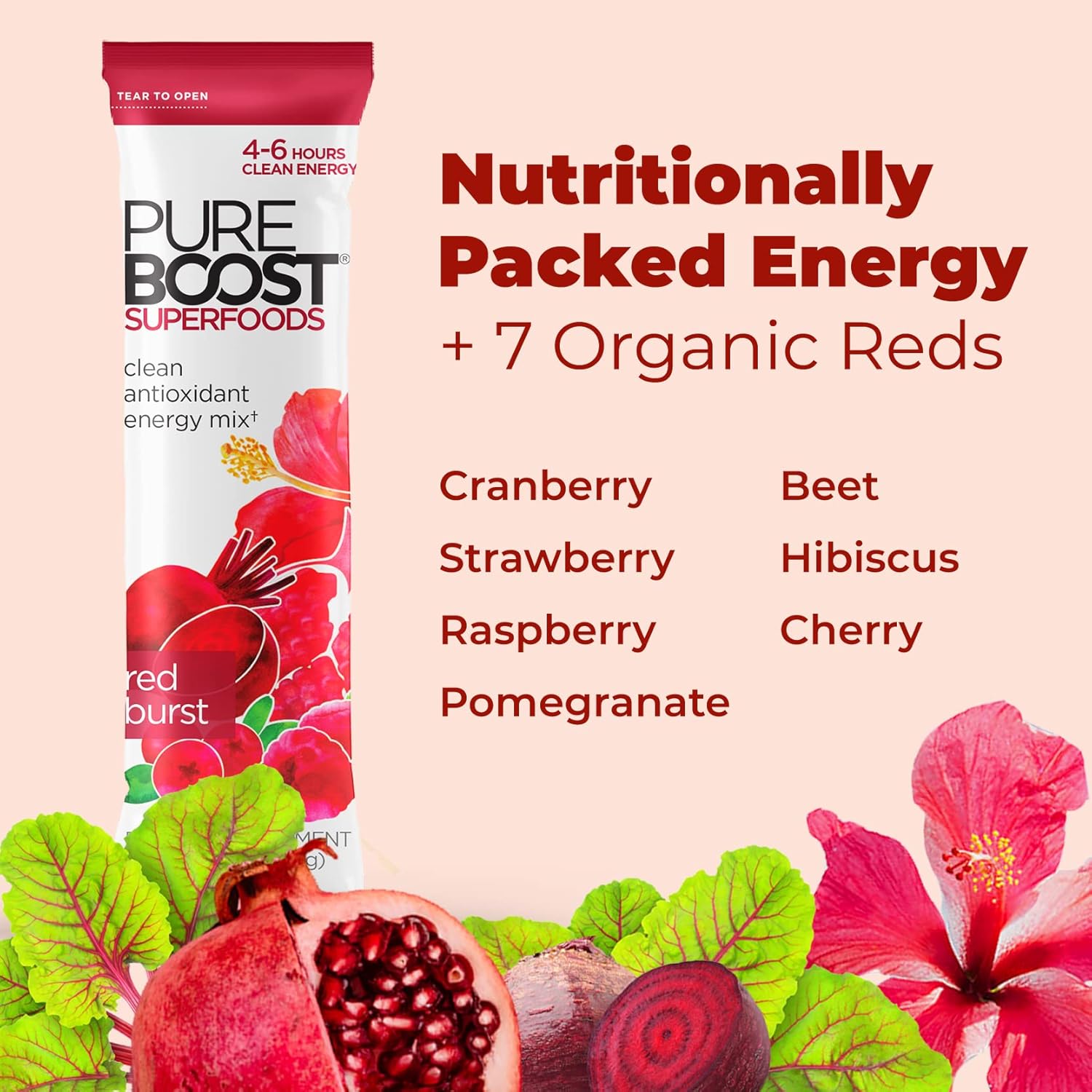 Pureboost Sugar-Free Superfoods Clean Energy Booster, Red Burst 30 Count, Refreshing Energy Drink Mix with 7 Organic Red Superfoods; Beet, Hibiscus, Pomegranate and Vitamins, No Sucralose - Image 4
