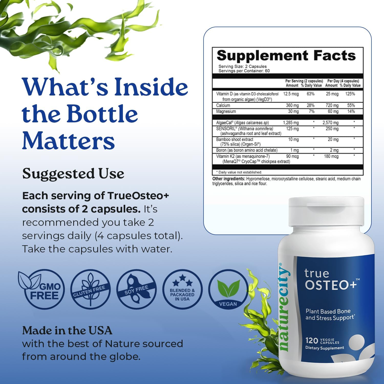 NatureCity True-Osteo Plus Bone Support with Ashwagandha – for Strength & Density – Plant-Based Calcium with Organic AlgaeCal, Magnesium, Vitamin D3, K2, Silicon & Stress Support | 120 Veggie Capsules - Image 7