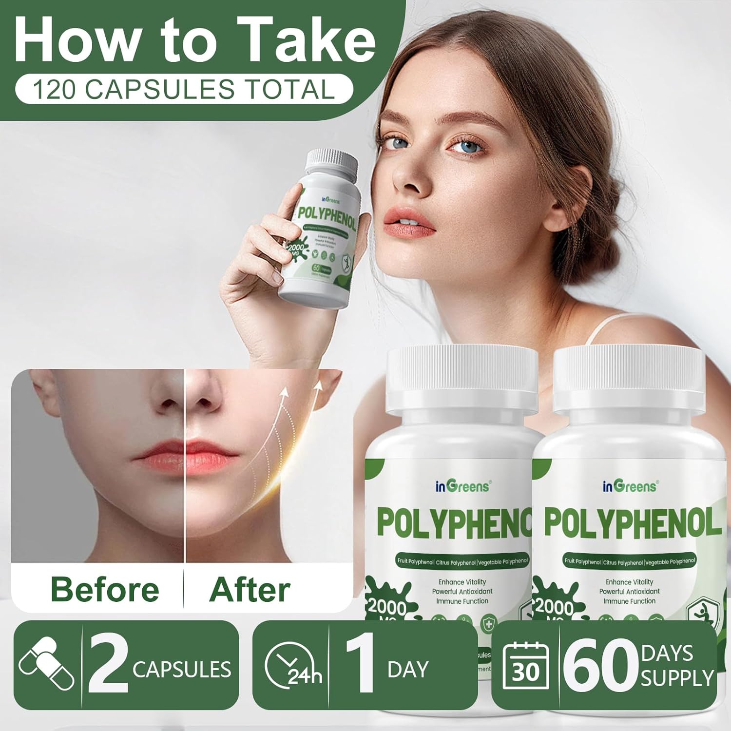inGreens 25-in-1 Polyphenols Supplement, 2000MG Powerful Antioxidants & Polyphenol for Age Defense, Polyphenol Superfood, Quercetin, Resveratrol, Plant-Based & Energy, Immune Support, 120 Capsules - Image 4