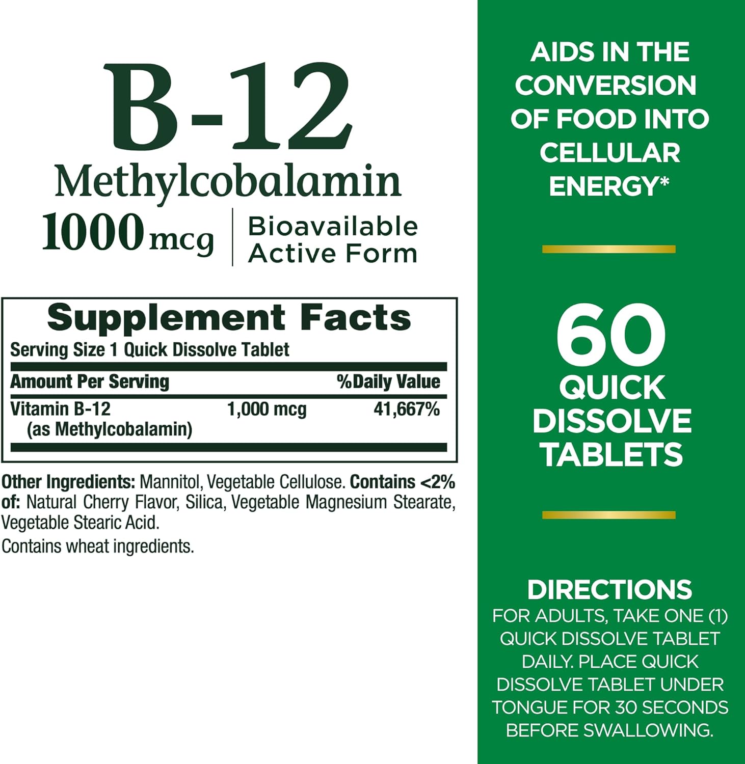 Nature's Bounty Vitamin B-12 Quick Dissolve Tablets, 1000mcg, Aids in the Conversion of Food into Cellular Energy, Cherry Flavor, 60ct - Image 2