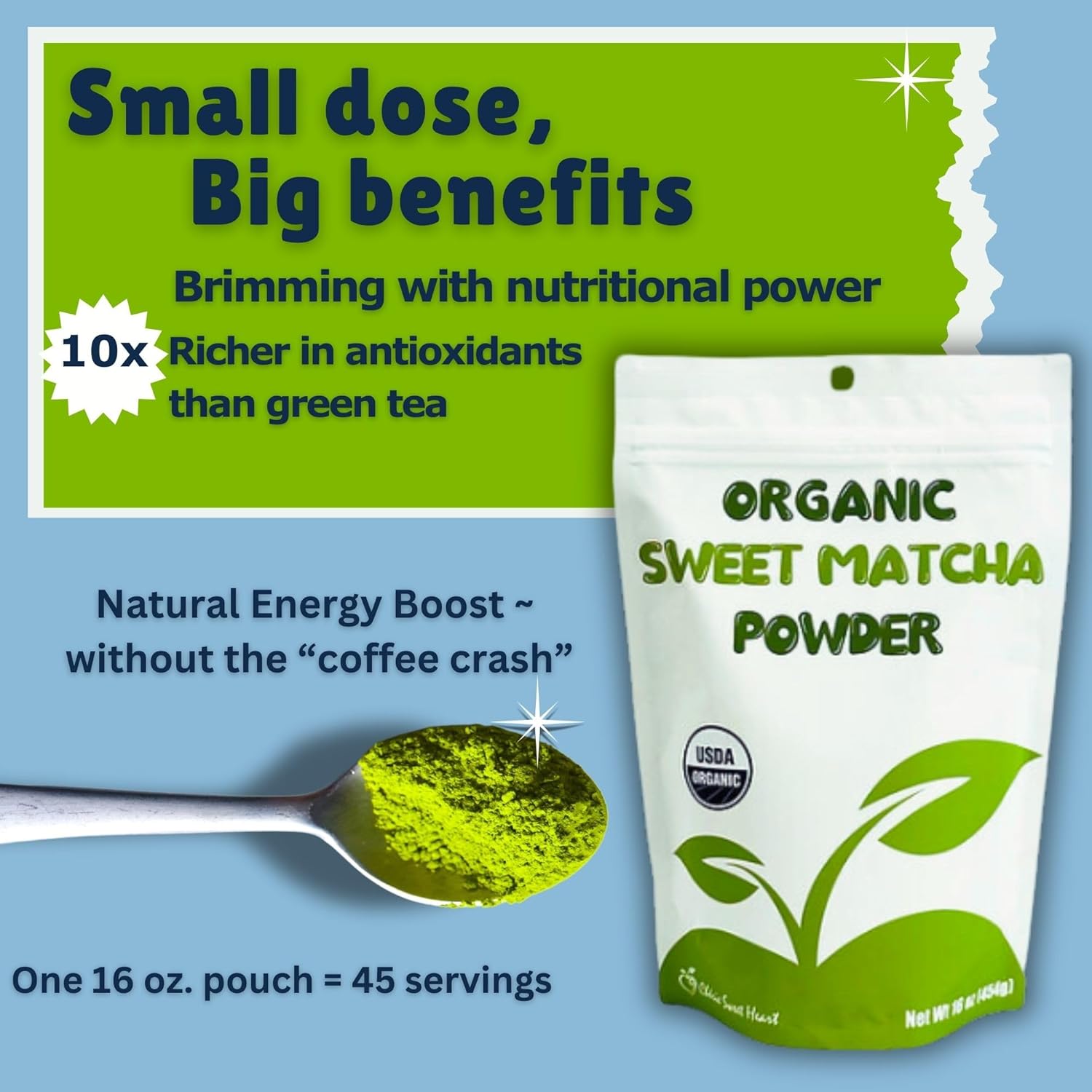 Organic Sweet Matcha Green Tea Powder - Cafe Style Blend by Cherie Sweet Heart - 16oz, Vegan & Gluten-Free, Rich in Antioxidants, Perfect for Lattes, Smoothies & Baking - Image 6