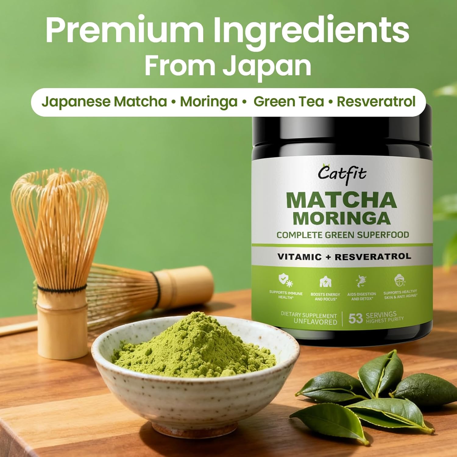 Catfit Matcha Powder with Moringa, Green Tea and Resveratrol, 4-in-1 Superfood for Energy, Immune, Digestion and Antioxidant Support, Vegan, Gluten-Free, 5.64 oz - Image 6