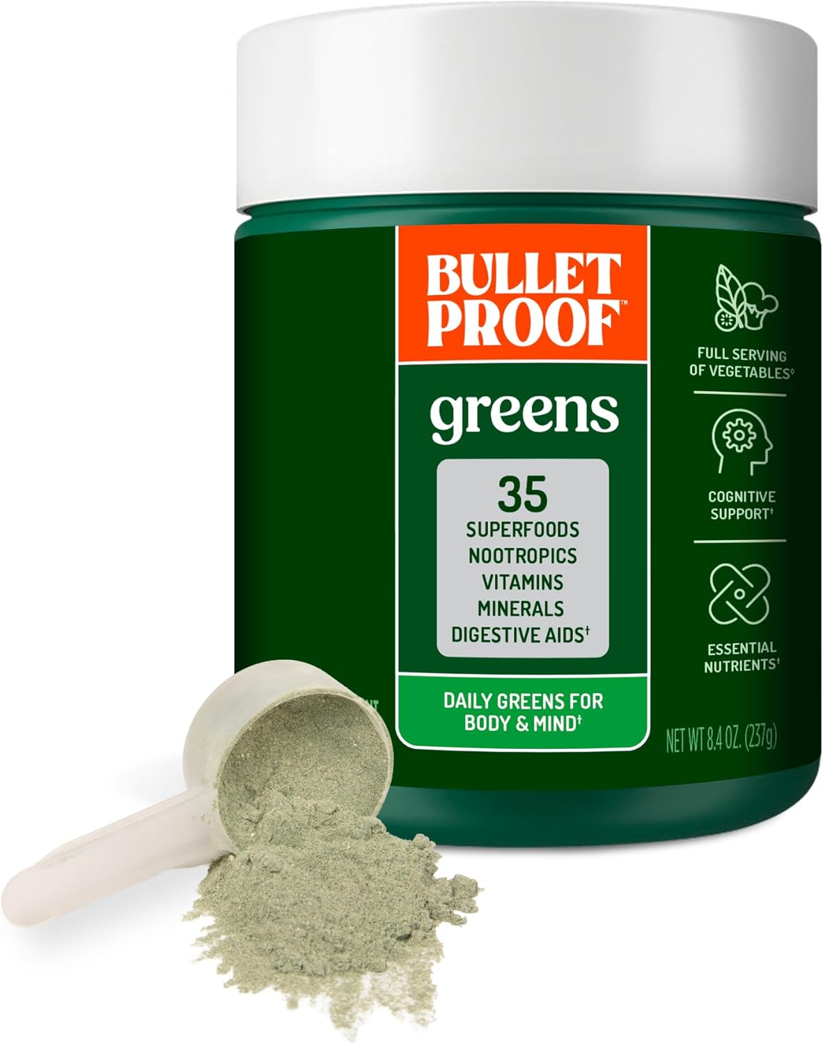 Bulletproof Greens, 8.4 Ounces, Daily Greens Powder with Superfoods and Nootropics, Full Serving of Vegetables, Essential Nutrients