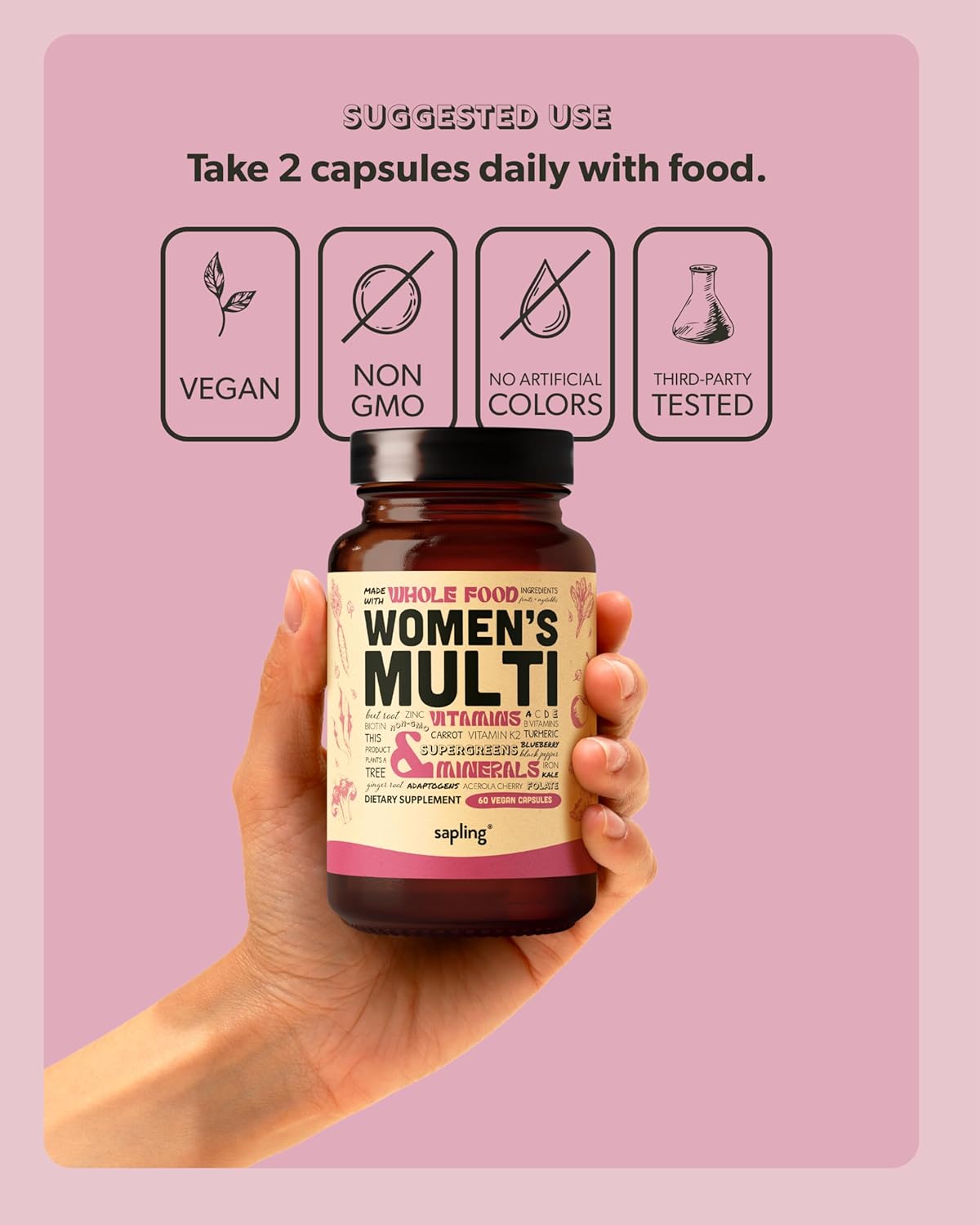 Multivitamin for Women - Daily Women’s Multivitamin - Methylated B Complex with Whole Food Ingredients, Vitamin B12, Folate, A, C, D3, E, K2, Organic Fruits & Vegetables - Vegan, Non-GMO - 60 Caps - Image 5