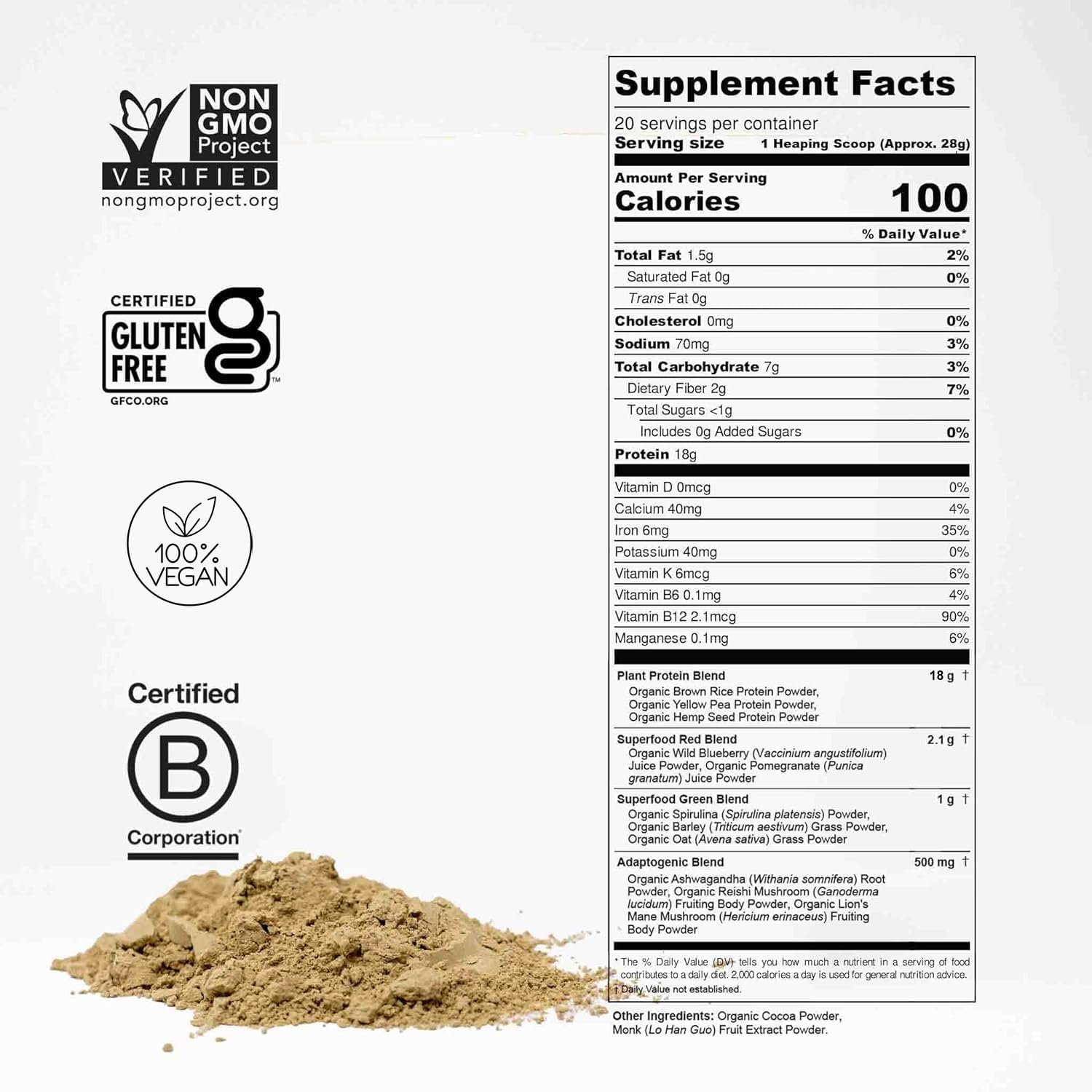 Plant Based Protein Powder w/Superfoods, Ashwagandha, Reishi, Lions Mane for Optimal Health | 18G of Organic Chocolate Vegan Protein, Gluten Free, Stevia Free, Sugar Free, 20 Servings - Image 2