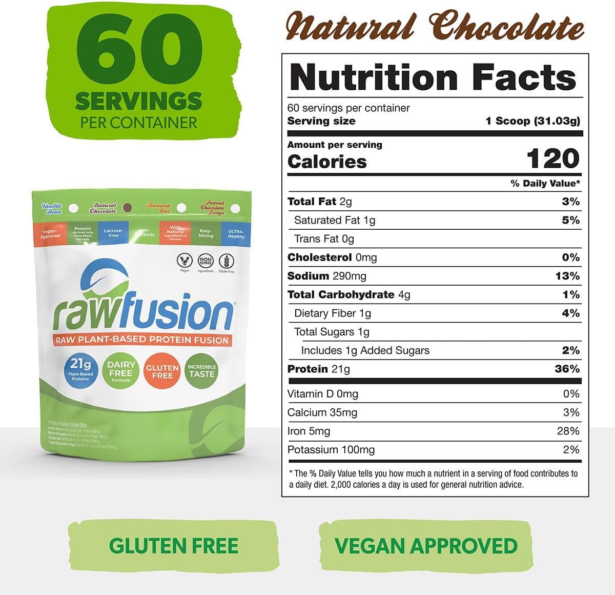 Rawfusion 4lbs- Raw Plant Based Protein Powder, Natural Chocolate - 21g of Protein, Vegan, Low Net Carbs, Gluten Free, Lactose Free, Soy Free, Non-GMO. - Image 2
