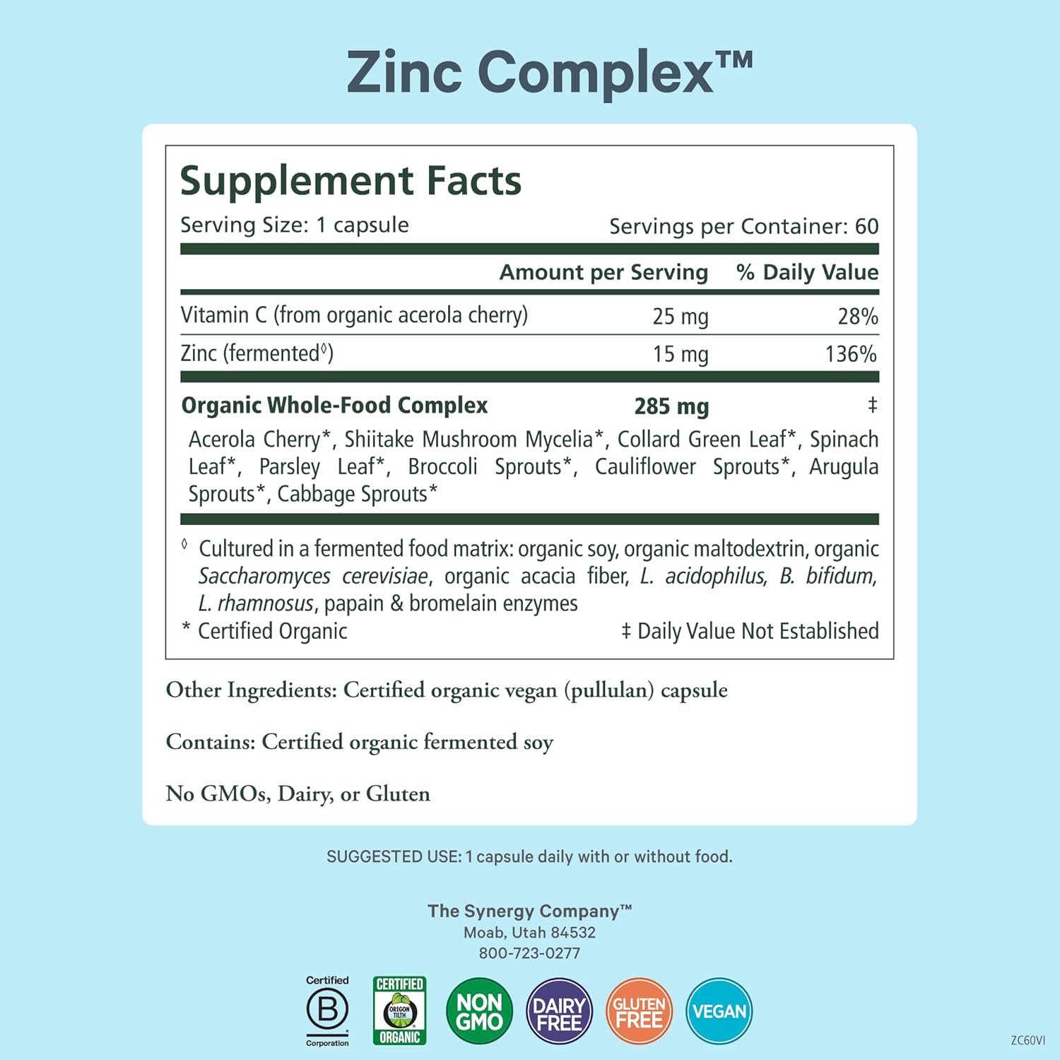 PURE SYNERGY Zinc Complex | Immune Support Supplement | Natural, Vegan Zinc Complex with Vitamin C and Organic Whole Foods | for Immune, Brain, and Skin Health (60 Capsules) - Image 2