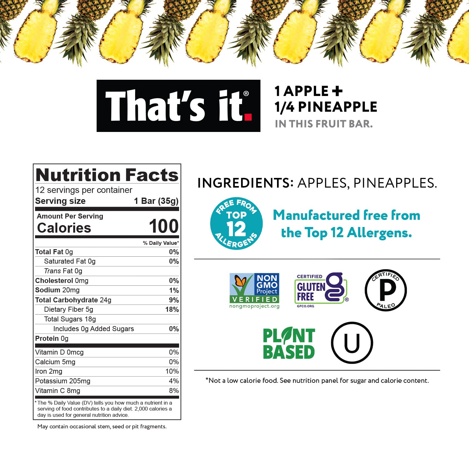 That's it. Apple + Pineapple 100% Natural Real Fruit Bar, Best High Fiber Vegan, Gluten Free Healthy Snack, Paleo for Children & Adults, Non GMO No Added Sugar, No Preservatives Energy Food (12 Pack) - Image 2