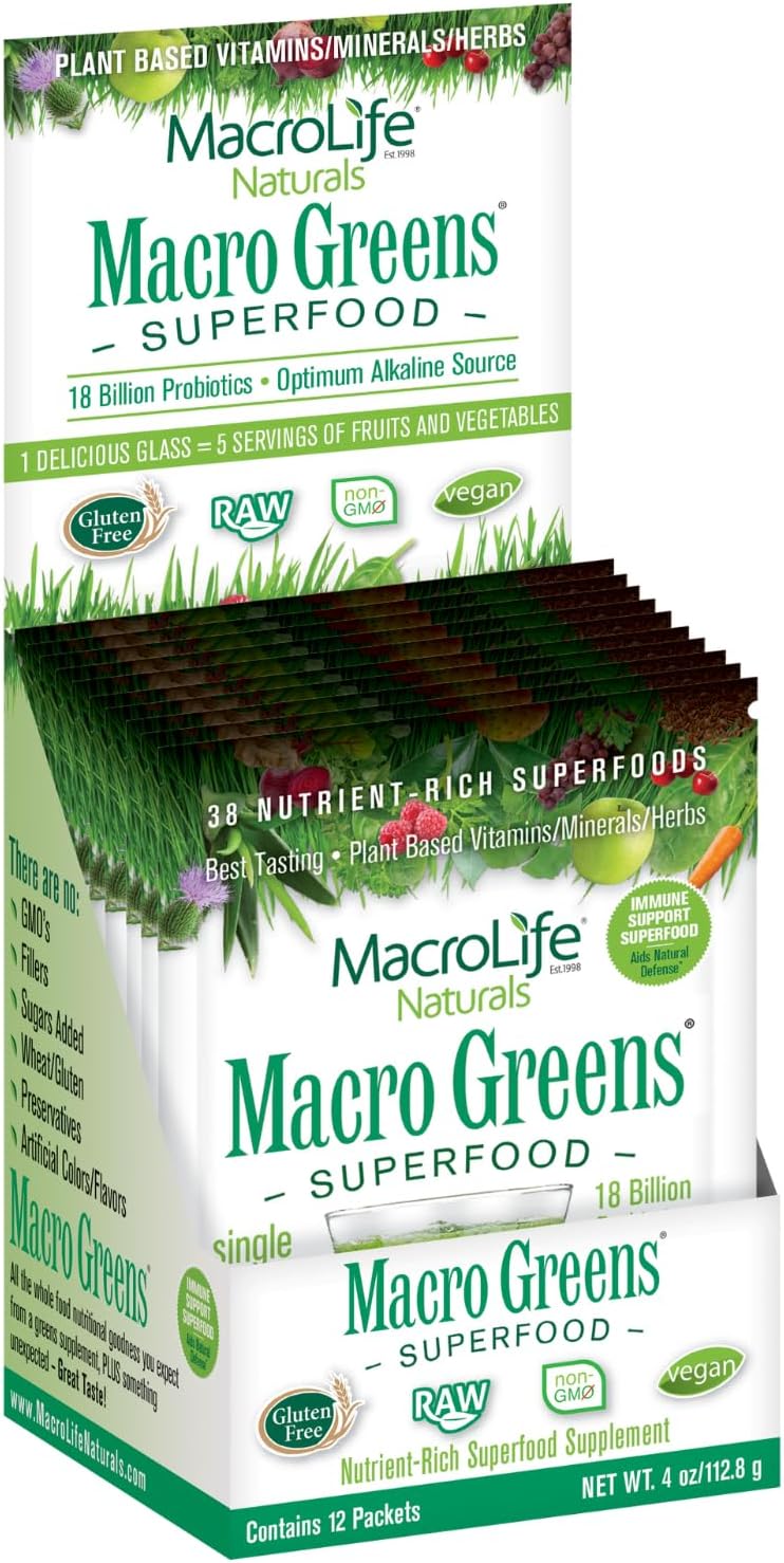 Macro Greens Superfood Powder – 38 Superfoods with Probiotics, Digestive Enzymes & Adaptogens | Non GMO, Vegan, Gluten Free | 18B CFU | Packets (12 Servings) - Image 2
