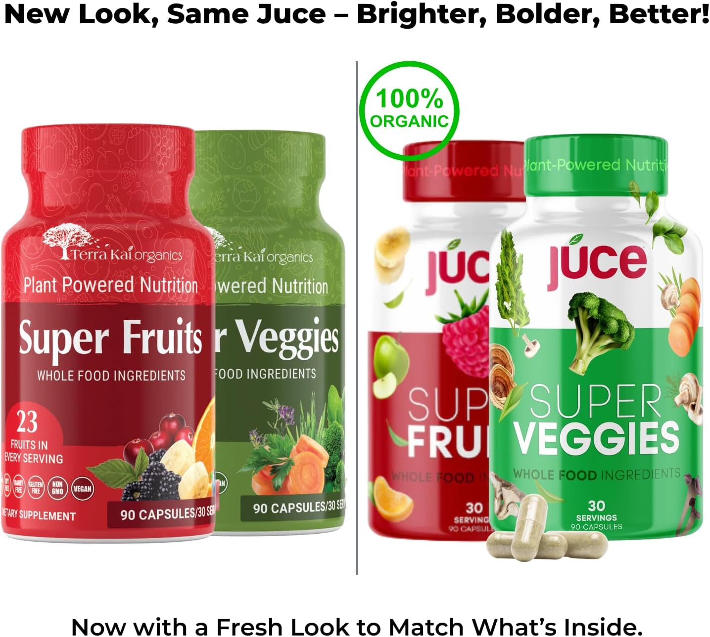 Juce Original Formula - Organic Super Fruit & Veggies Supplement - Gluten/Gelatin Free, Soy Free & Vegan- Reds & Greens Superfood Capsules- 23 Fruits & 23 Vegetables (180 Count)- By Terra Kai Organics - Image 3