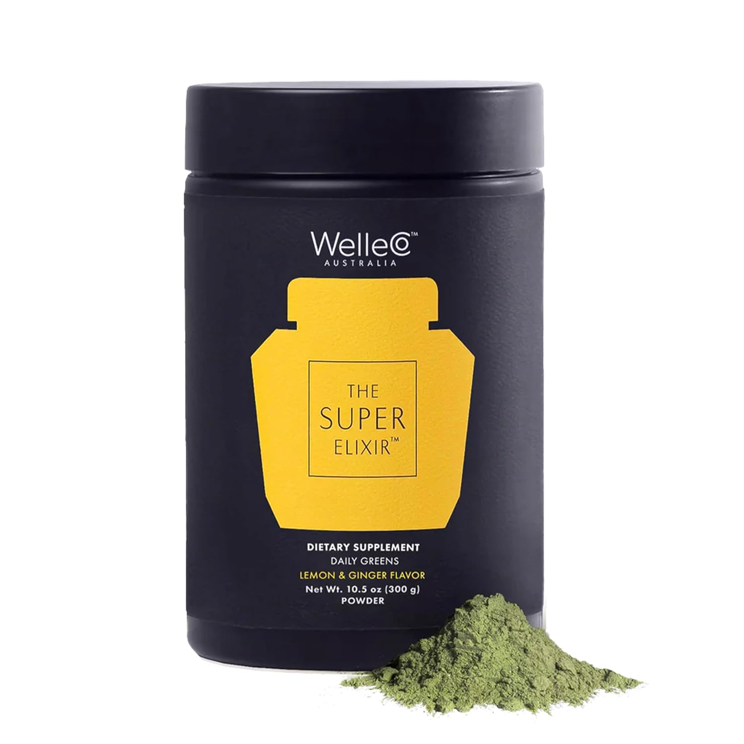 WelleCo The Super Elixir Daily Greens Powder, Probiotic Drink Mix with Whole Foods, Gluten Free, Vegan Gut Health Powder, Energy, Immunity, Healthy Skin, Hair & Nails (300g, Lemon Ginger)