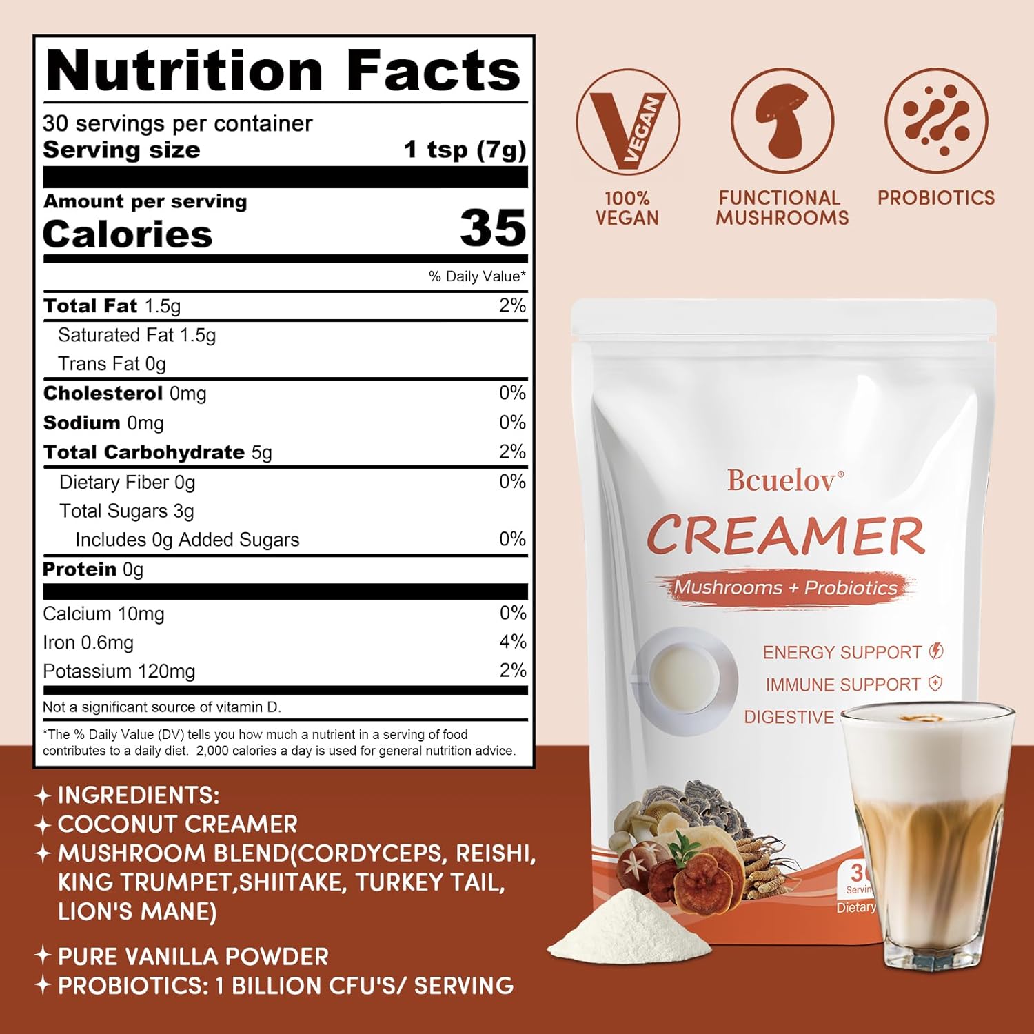 Mushroom Coffee Creamer,Superfood Creamer Powder with 6 Adaptogenic Mushrooms & Probiotics for Energy, Focus, Digestion - 30 Servings - Image 2