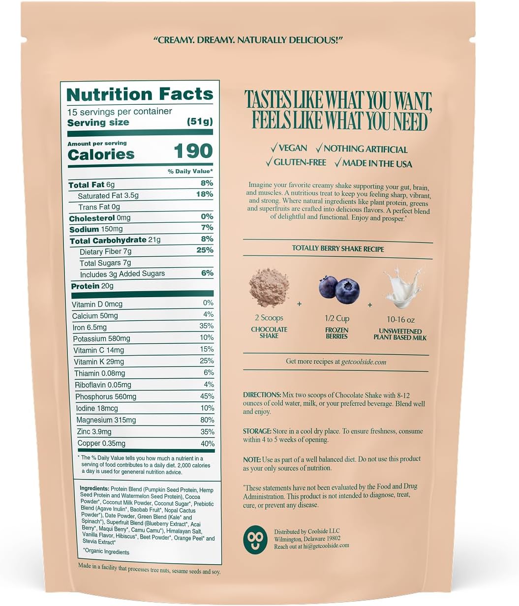 Coolside Vegan Protein Powder, Prebiotic Fiber & Superfoods | Chocolate | 20g Plant Based Protein Powder for Women & Men | Non Whey | Dairy Free | No Artificial Sweeteners | Gluten Free | 15 Serv - Image 8