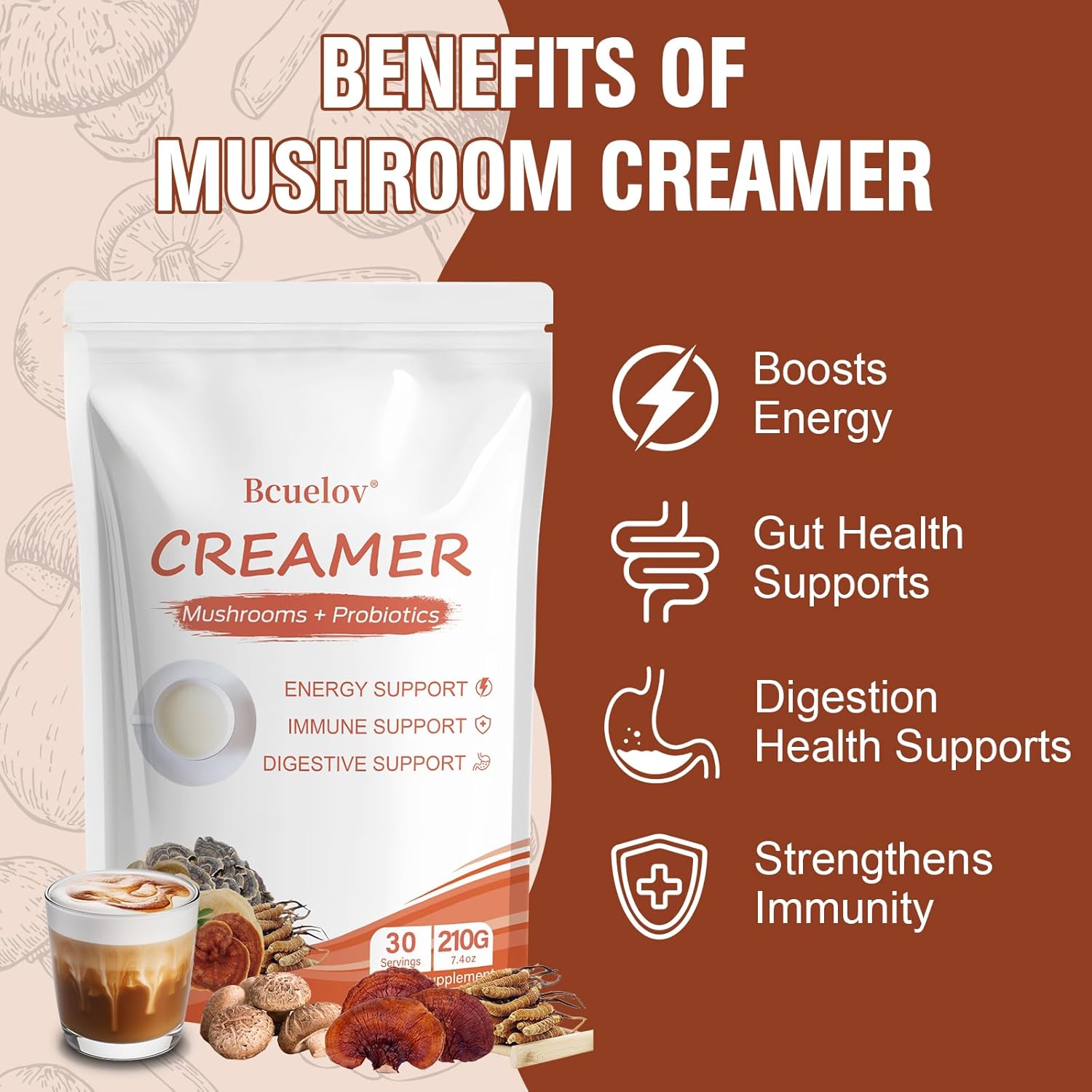 Mushroom Coffee Creamer,Superfood Creamer Powder with 6 Adaptogenic Mushrooms & Probiotics for Energy, Focus, Digestion - 30 Servings - Image 3