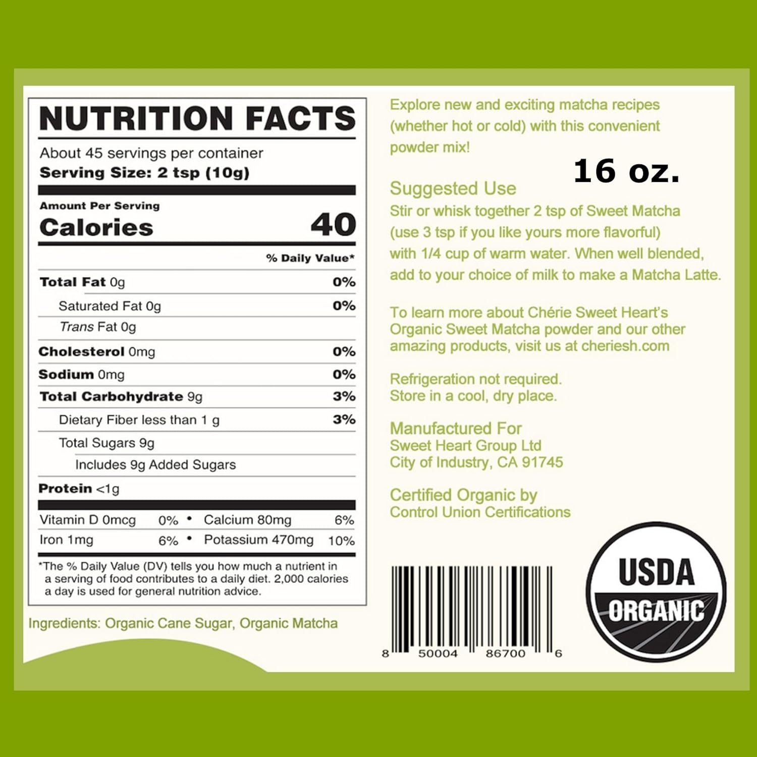 Organic Sweet Matcha Green Tea Powder - Cafe Style Blend by Cherie Sweet Heart - 16oz, Vegan & Gluten-Free, Rich in Antioxidants, Perfect for Lattes, Smoothies & Baking - Image 2
