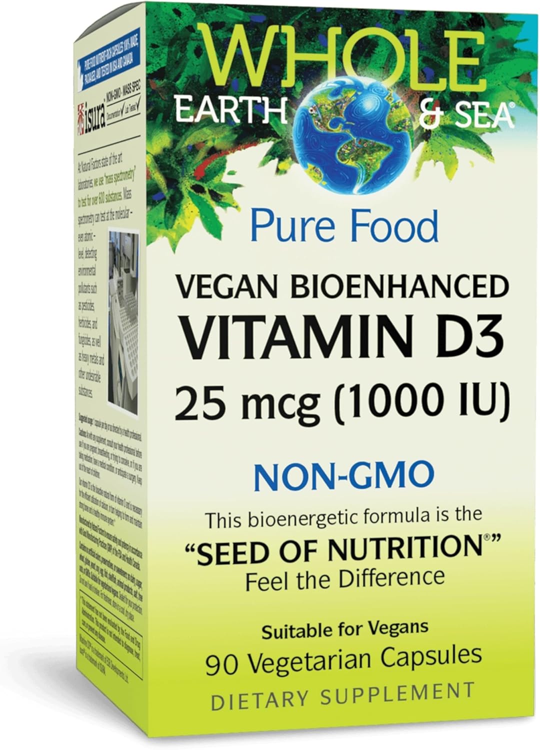 Natural Factors Whole Earth & Sea Vitamin D3 - Dietary Supplement Supports Strong Bones & Joints - Aids Calcium Absorption - Vegan & Non-GMO - 90 Vegetarian Capsules (90 Servings)