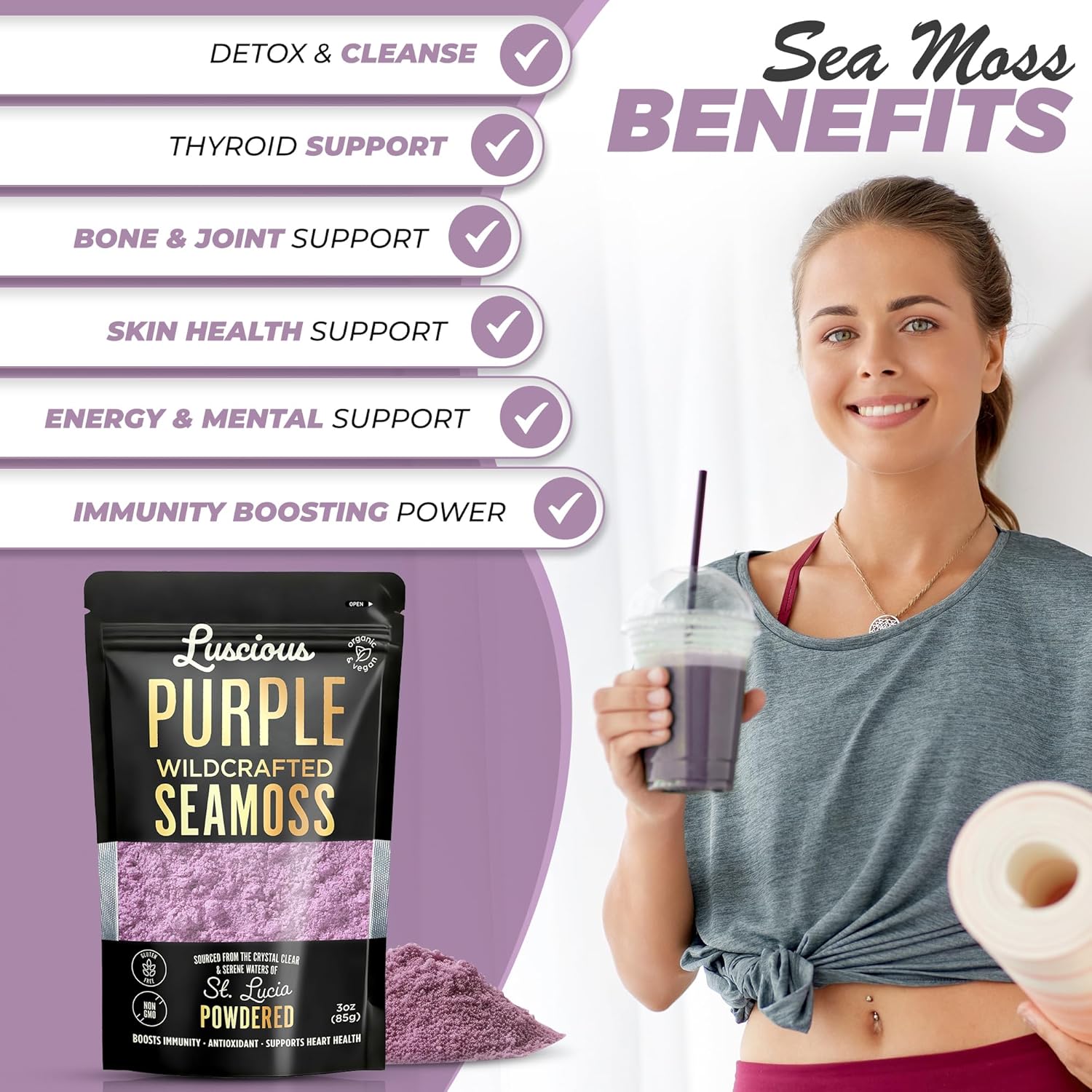 Luscious Purple Wildcrafted Sea Moss Powder 3 Oz | St Lucia 100% Organic Sea Moss Superfood Powder | Supports Immune,Gut & Digestive Health | Vegan, Gluten-Free, Makes 120+ Fl Oz Gel - Image 3