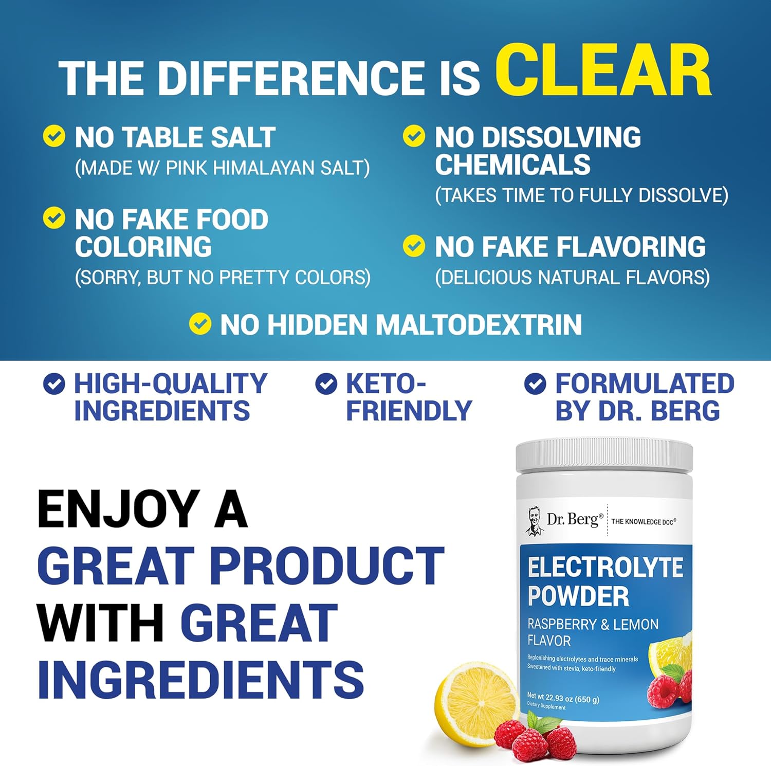 Dr. Berg Zero Sugar Hydration Keto Electrolyte Powder - Enhanced w/ 1000 mg of Potassium & Real Pink Himalayan Salt (NOT Table Salt) - Raspberry & Lemon Flavor Hydration Drink Supplement, 100 Servings - Image 5
