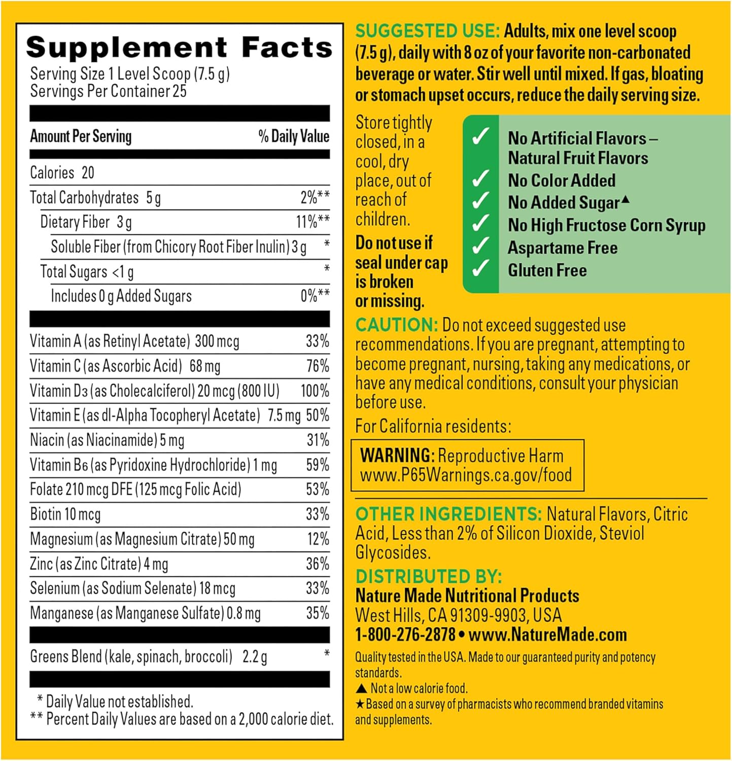 Nature Made Super Greens Powder with Prebiotic Fiber Drink Mix, Made with 1 Cup Veggies Per Serving, Fiber Supplement + Vitamins and Minerals, 25 Day Supply - Image 7