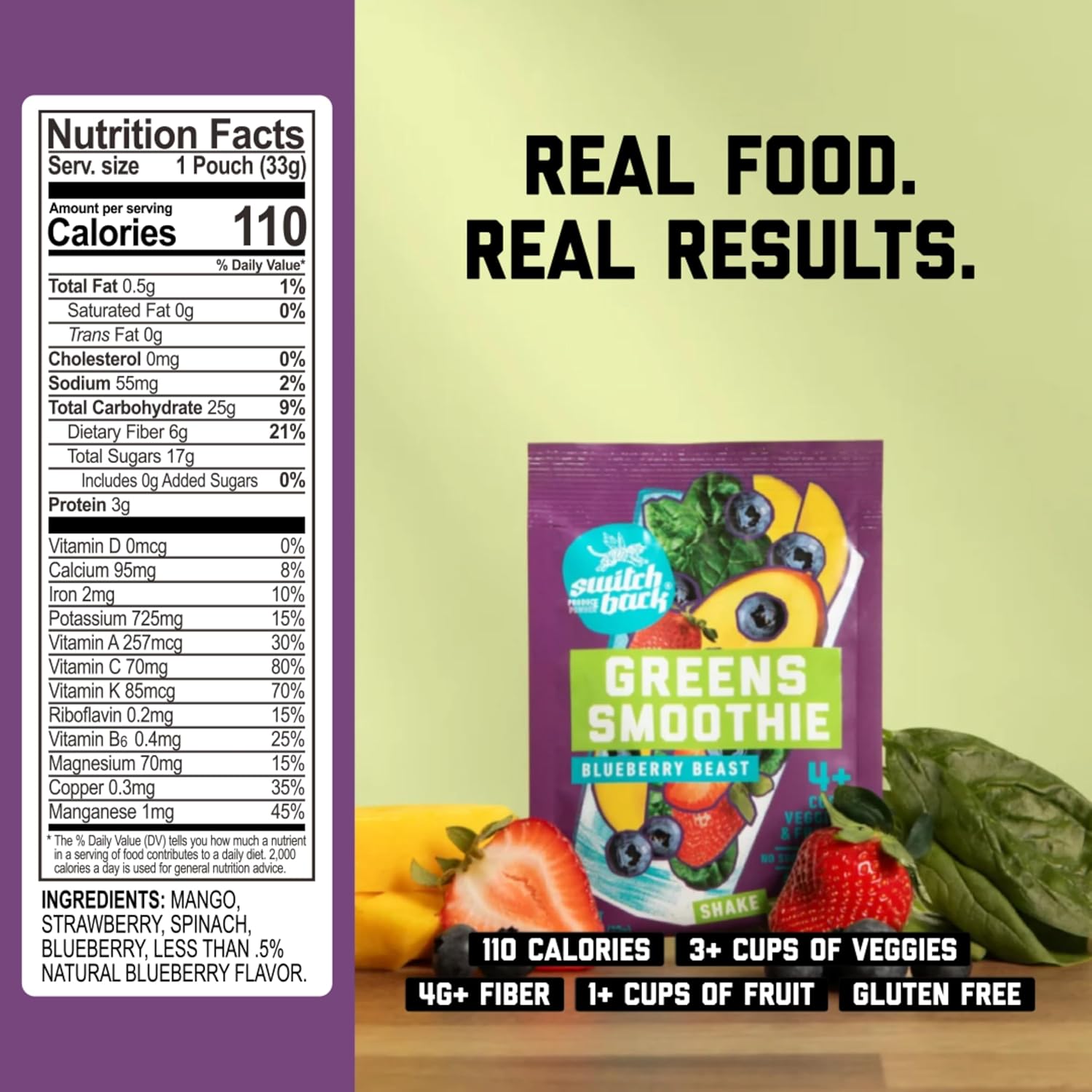 Switchback Smoothie Mix - Blueberry Beast - Banana-Free Freeze-Dried Fruit & Veggie Powder Drink - No Blender Needed - Vegan, Gluten-Free, No Added Sugar - Whole-Food Nutrition - Just Shake & Go (7 Pack) - Image 2