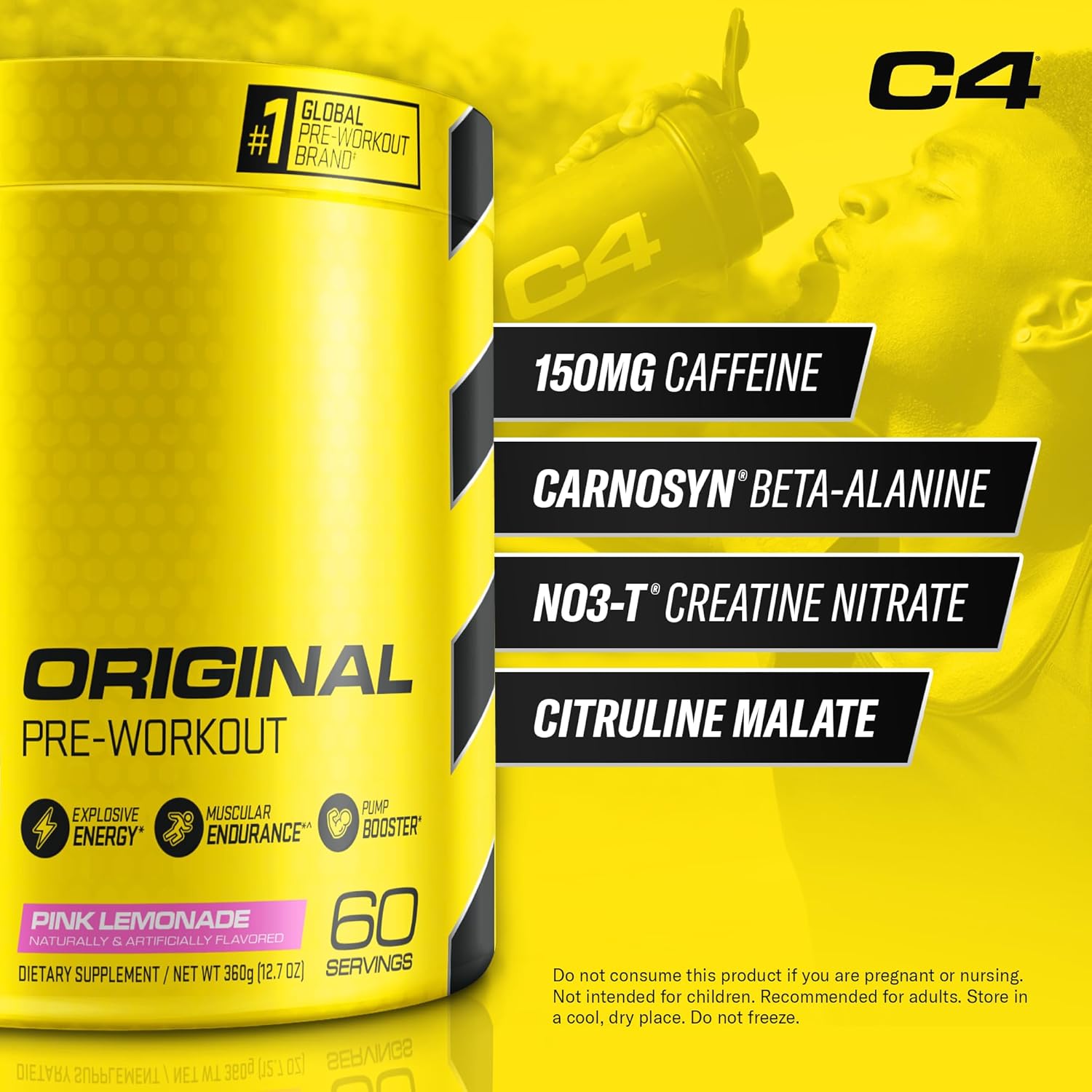C4 Original Pre Workout Powder Pink Lemonade Vitamin C for Immune Support Sugar Free Preworkout Energy for Men & Women 150mg Caffeine + Beta Alanine + Creatine 60 Servings - Image 2