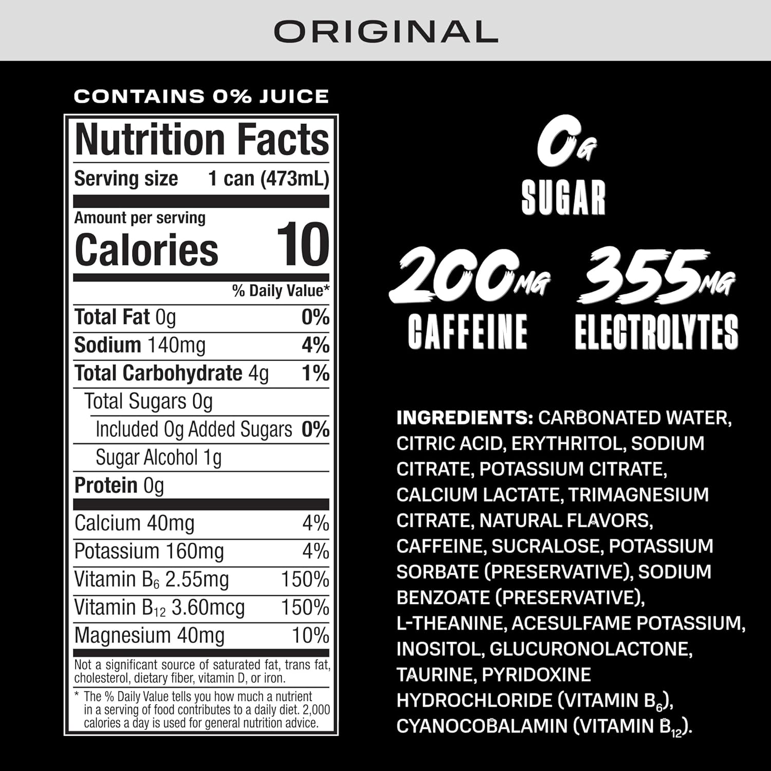 PRIME Energy ORIGINAL, Sugar Free Energy Drink, 200mg Caffeine and 355mg of Electrolytes for Hydration, Low Calorie, Vegan, Gluten Free, 16 Fluid Ounce, 12 Pack - Image 2