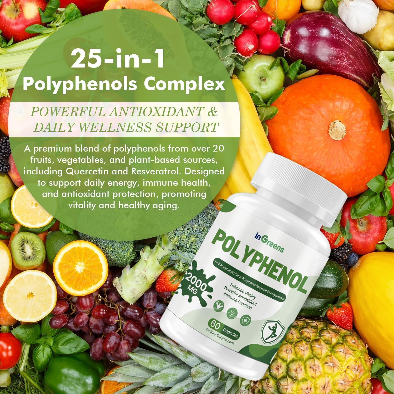inGreens 25-in-1 Polyphenols Supplement, 2000MG Powerful Antioxidants & Polyphenol for Age Defense, Polyphenol Superfood, Quercetin, Resveratrol, Plant-Based & Energy, Immune Support, 120 Capsules - Image 2