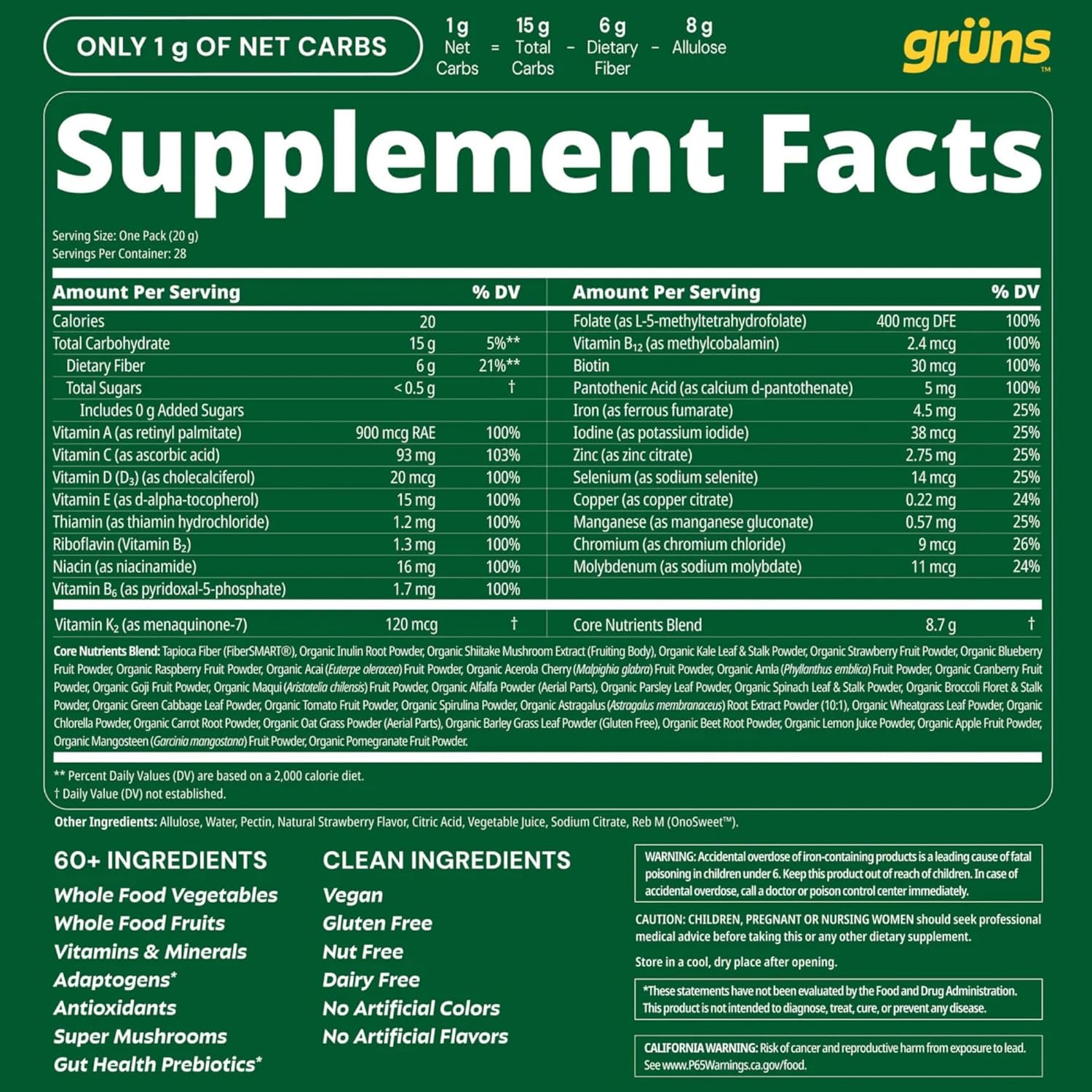 Gruns Adult Sugar-Free Super Greens Multivitamin Gummies, Superfood Gummy Vitamins for Women and Men with Spirulina, Chlorella, Adaptogens & Prebiotic Fiber for Digestive Health (28 Count) - Image 8