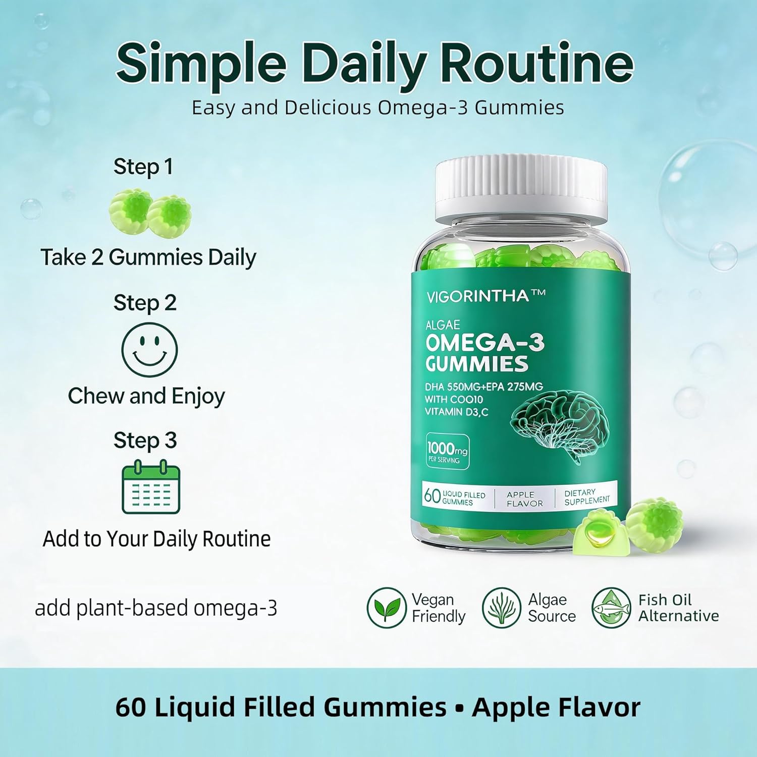 Vegan Omega-3 Algae Oil Supplement with DHA 300mg & EPA 150mg, Plant-Based Omega-3 with Vitamin D3 & K2, Fish-Free Algal Oil Softgels for Men & Women, 2 Pack, 120 Softgels, 60 Day Supply - Image 8