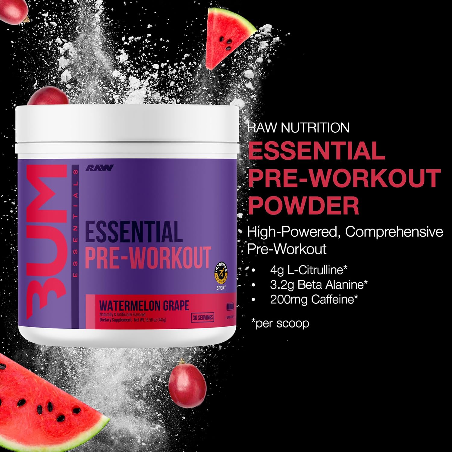 RAW Essential Pre-Workout Powder (Watermelon Grape) - Chris Bumstead Sports Nutrition Supplement for Men & Women - Preworkout Energy Powder with Caffeine, L-Citrulline, L-Tyrosine & Beta Alanine Blend - Image 2