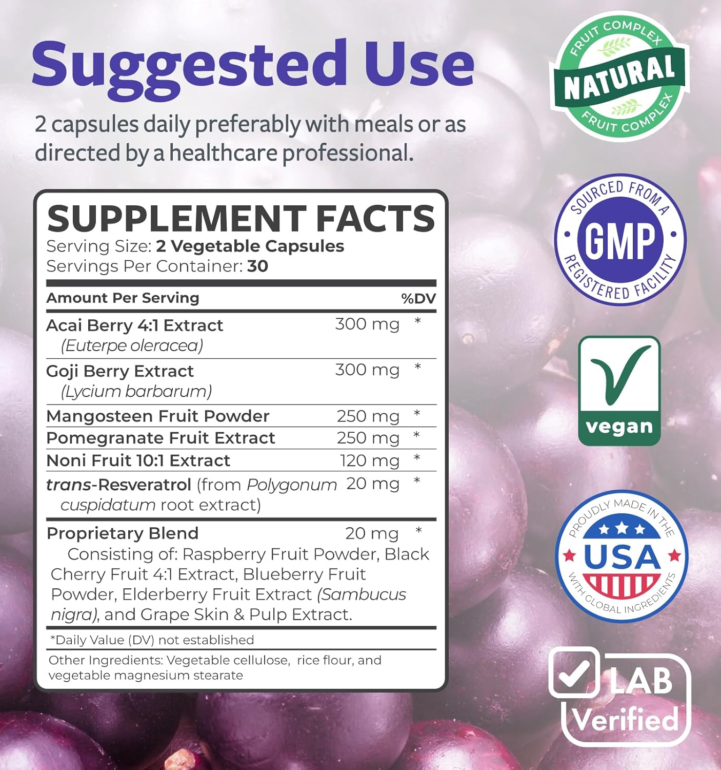 Super Antioxidants Supplement for Women & Men - High Potency Herbal & Fruit Blend with Acai, Goji, Pomegranate, Elderberry & Resveratrol for Skin Care & Immune Support - Vegan & Non-GMO - 60 Capsules - Image 4