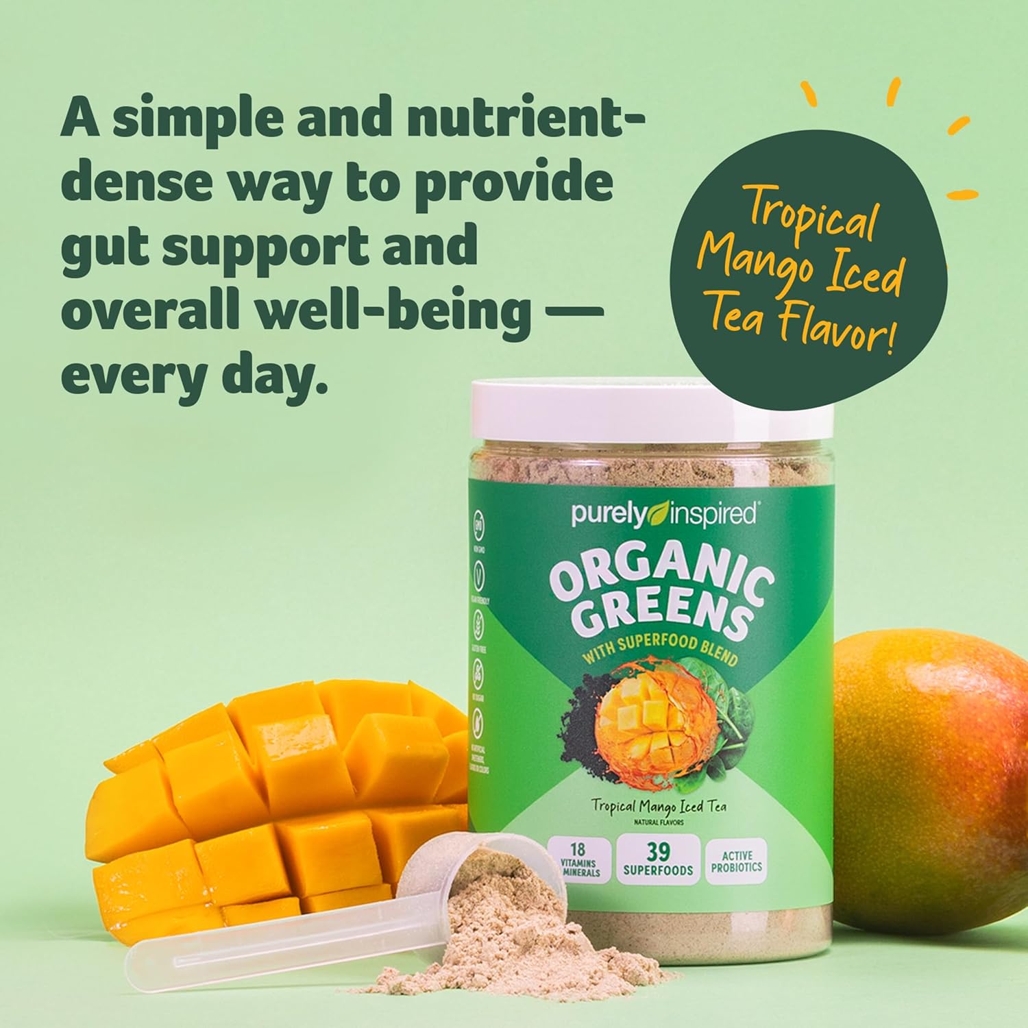 Purely Inspired Organic Green Powder Smoothie Mix, Tropical Mango Iced Tea Flavor (30 Servings) - Probiotics for Digestive Health with Spirulina & Chlorella for Gut Health - Vegan - Image 6