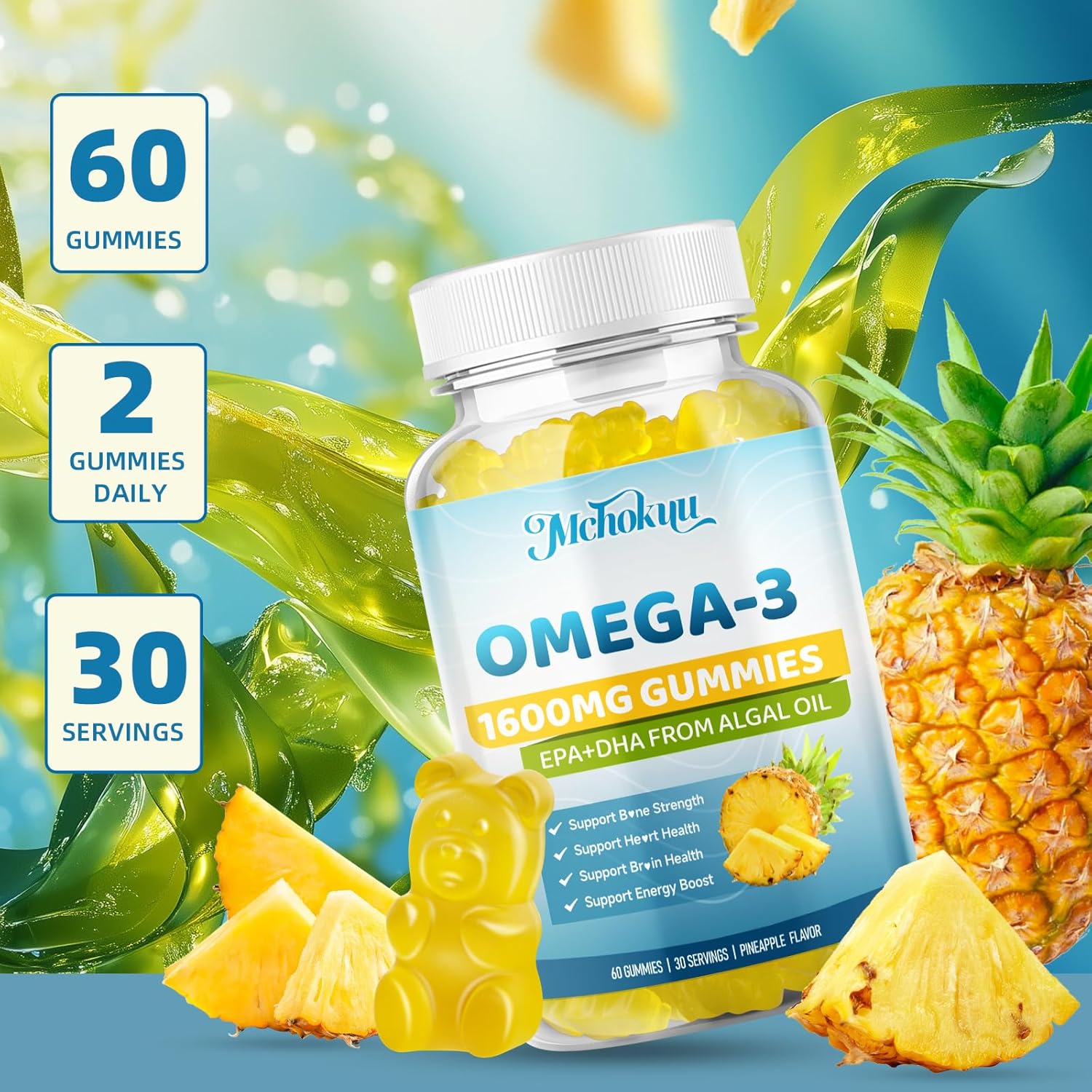Vegan Omega-3 Gummies 1600mg EPA & DHA from Algal Oil, Fish Oil Alternative for Adults & Kids, Omega 3 Supplement with Vitamin D3 K2 for Brain, Eye & Immune Health Sugar Free Pineapple, 60 Count - Image 7