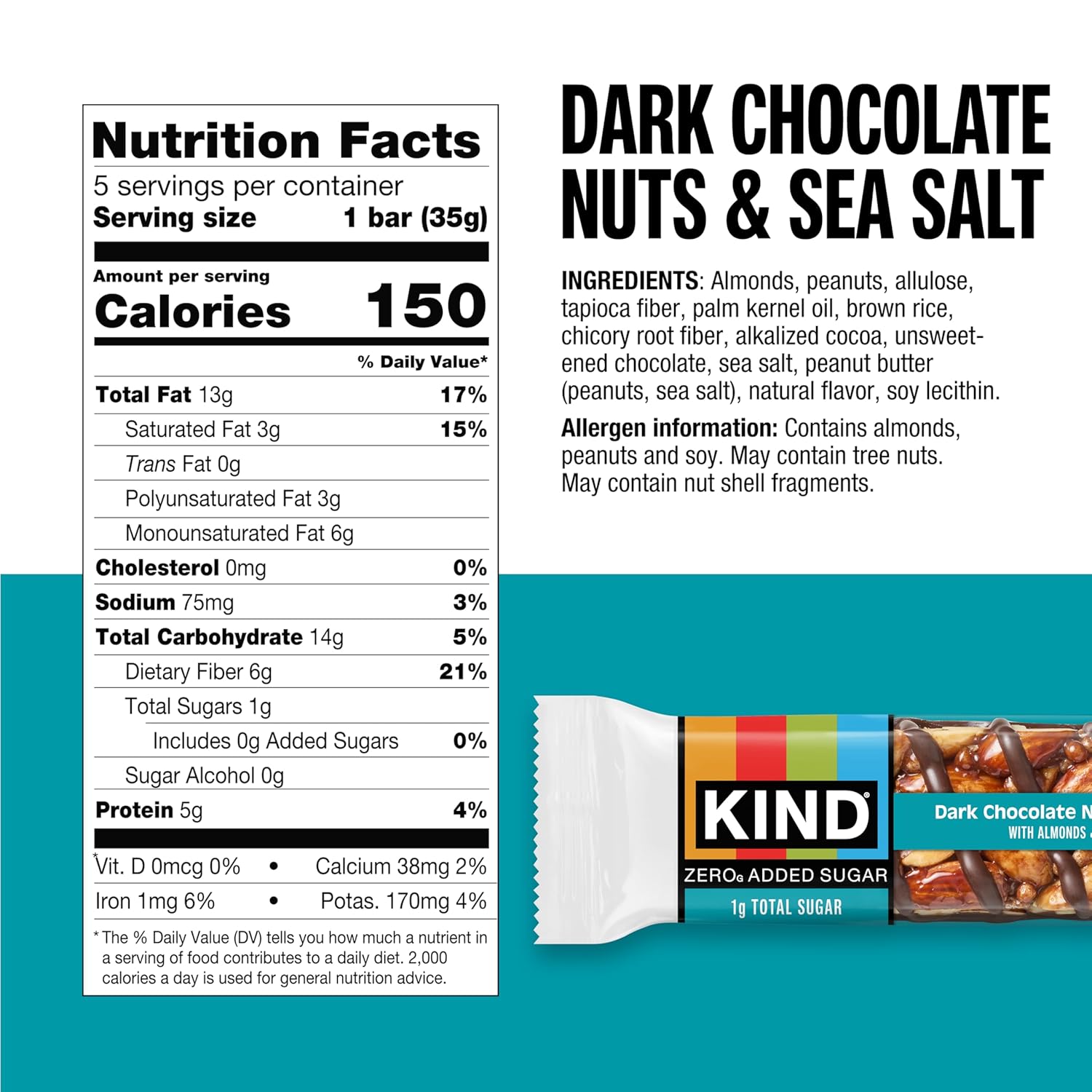 Kind Zero Added Sugar Healthy Snacks Bars, Dark Chocolate Nuts & Sea Salt, Gluten Free, High Fiber, Keto Snacks, 5g Protein, 5 Count - Image 2