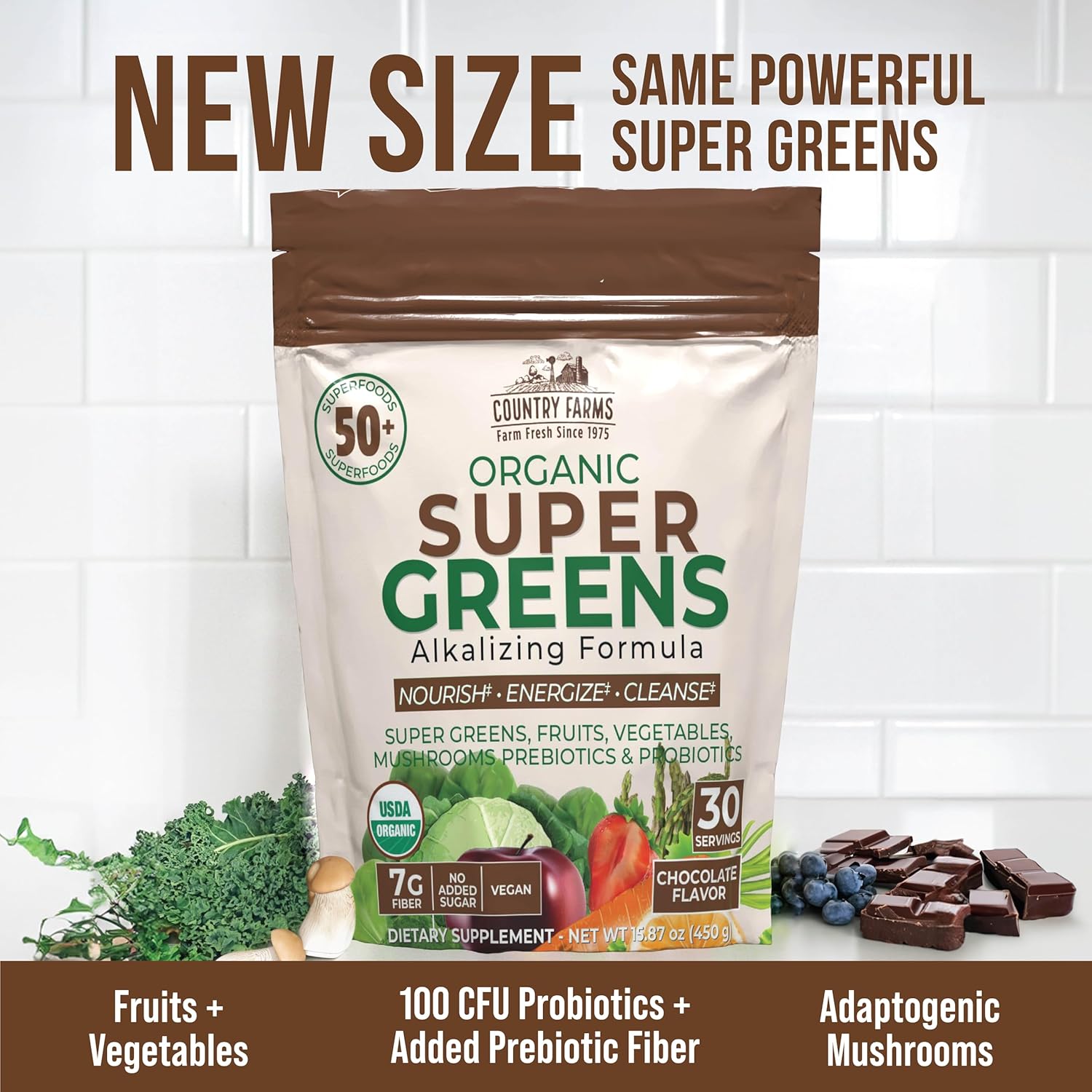 Country Farms Super Greens Chocolate Flavor, 50 Organic Super Foods, USDA Organic Drink Mix (Wheat Grass, Spirulina, Chlorella) Mushrooms & Probiotics, with Fiber, Natural Energy, 30 Servings - Image 5