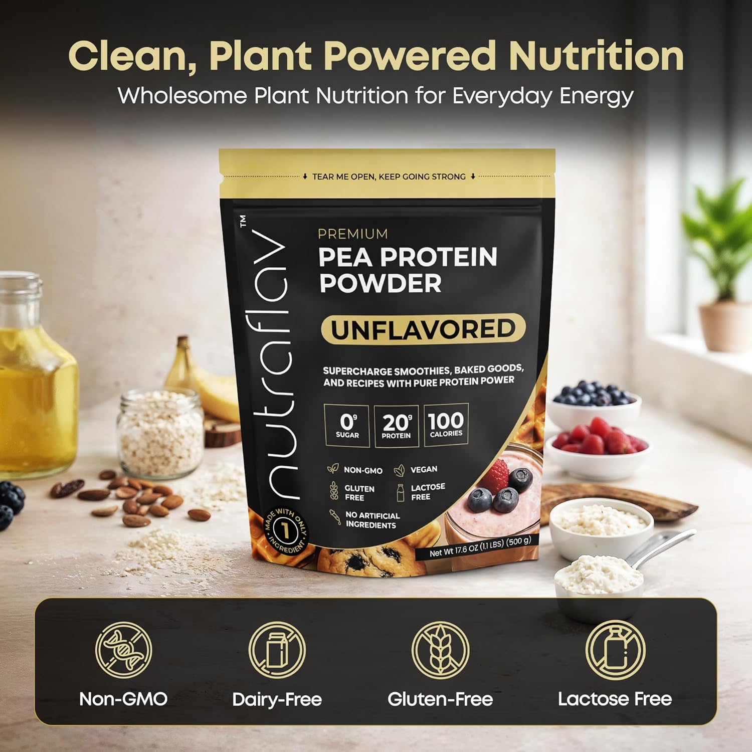 Unflavored Vegan Protein Powder - Plant Based Pea Protein Powder - 20g Protein Per Serving with 1 Ingredient - Iron-Rich, Easy to Digest - No Added Sugar - Great for Shakes & Smoothies - 20 Servings - Image 3
