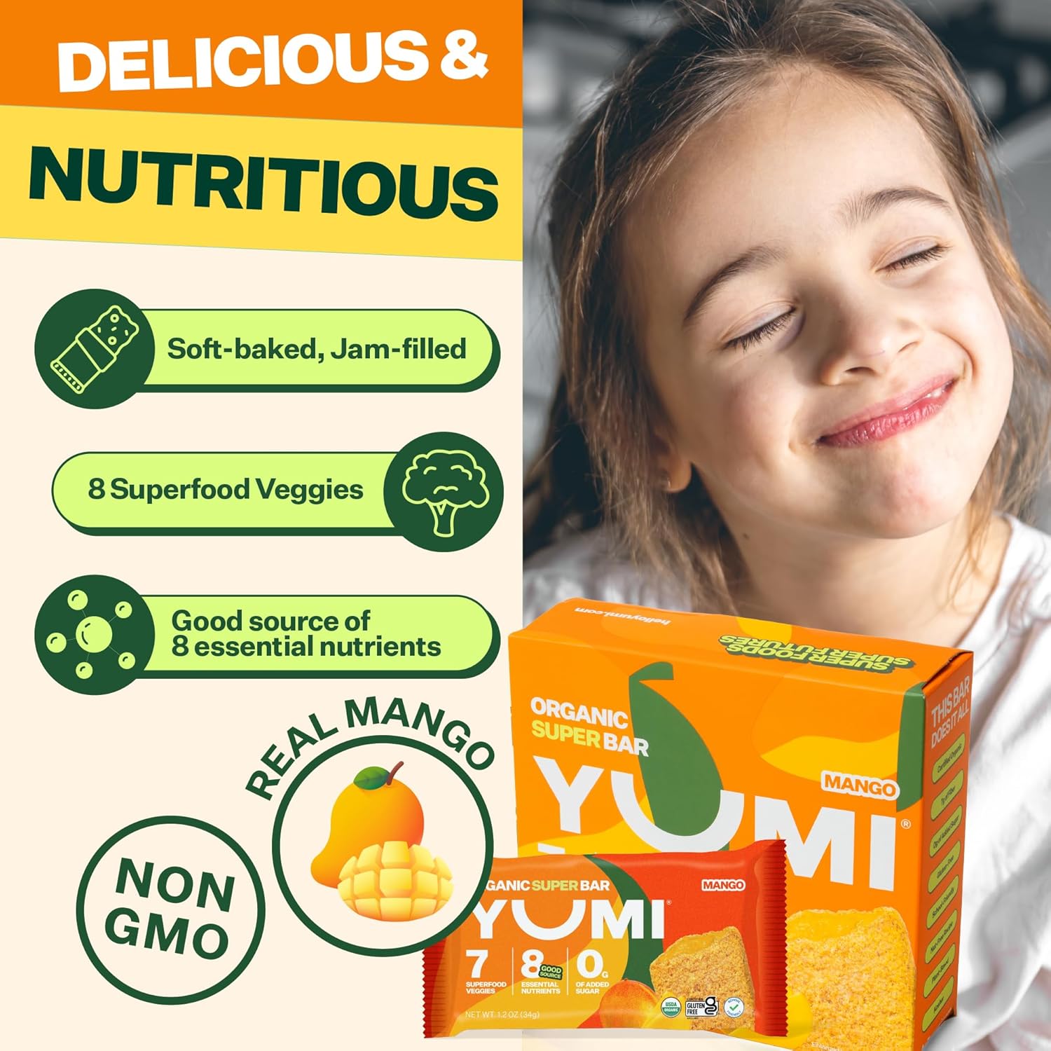 YUMI Organic Breakfast Superbar, Gluten-Free, No Added Sugar, 7+ Vegetables, Soft-Baked Crust, Healthy Snack Bars for Kids, School Safe, Healthy Alternative to Granola Bars or Cereal Bars, Mango (30ct) - Image 4